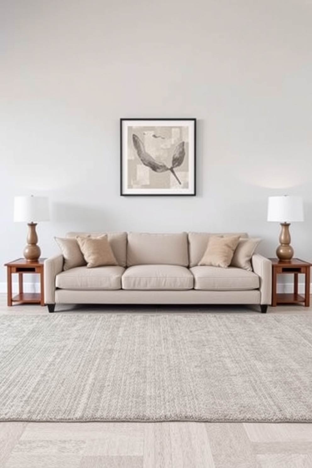 A minimalist family room designed with balance in mind features a large, neutral-colored sofa centered against a light gray wall. On either side of the sofa, identical wooden side tables hold matching lamps, creating a sense of symmetry. The floor is adorned with a soft, textured area rug in a muted tone that complements the overall color palette. A single piece of abstract art hangs above the sofa, framed in black to add a touch of elegance without overwhelming the space.