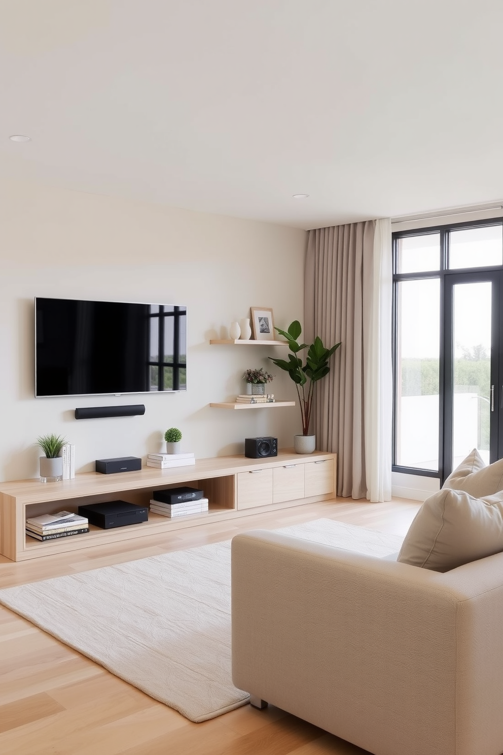 A minimalist family room featuring a sleek entertainment center with a low-profile design. The entertainment center is made of light wood, holding a flat-screen TV and neatly organized media devices, with decorative books and plants arranged on open shelves. The room is adorned with a neutral color palette, including soft beige walls and a light gray sofa. Large windows allow natural light to flood the space, complemented by a simple area rug that adds warmth without overwhelming the design.