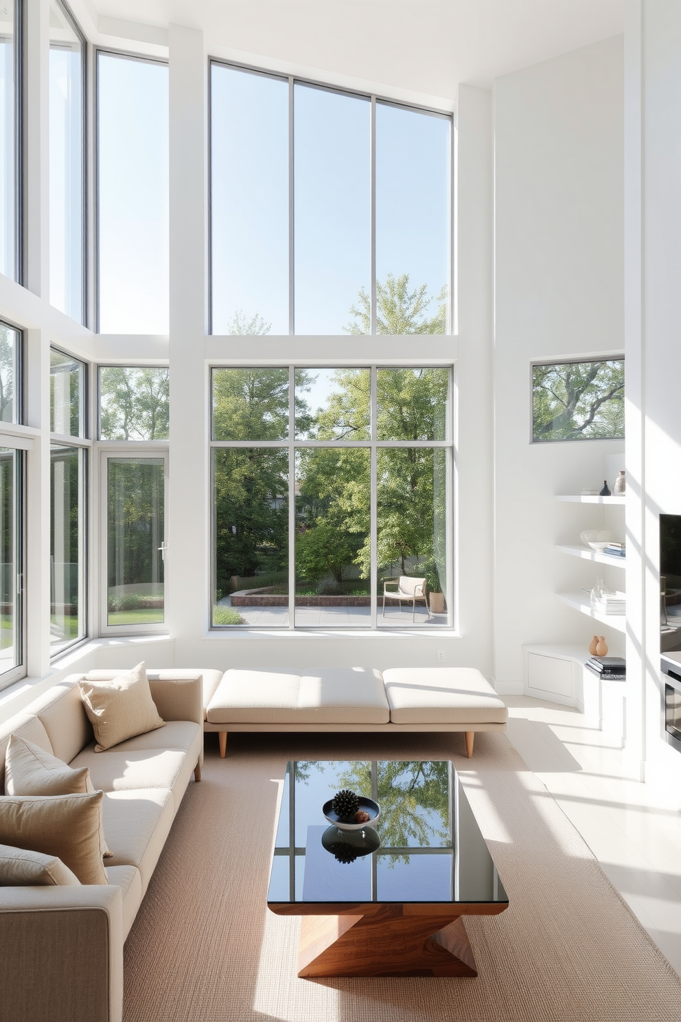 A minimalist family room featuring large windows that allow ample natural light to flood the space. The room includes a low-profile sectional sofa in a neutral color and a sleek coffee table made of glass and wood. The walls are painted in a soft white tone, creating a bright and airy atmosphere. A few carefully selected decorative items are placed on the shelves, maintaining the room's uncluttered aesthetic.