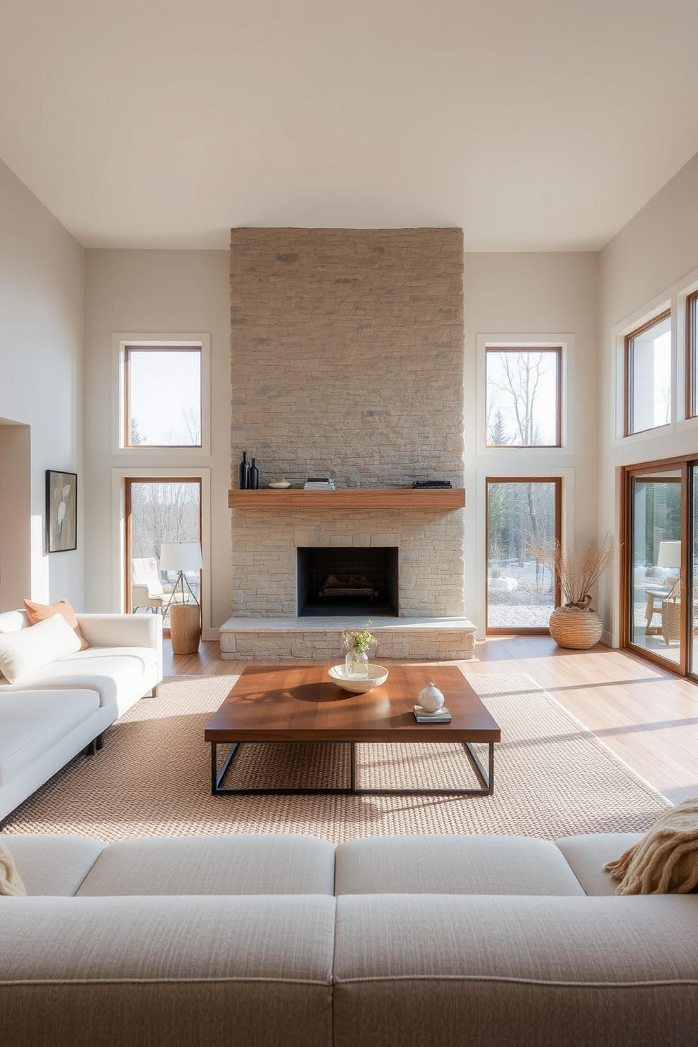 A minimalist family room featuring natural materials such as stone and wood. The space includes a large stone fireplace as a focal point and a wooden coffee table with clean lines. Soft neutral tones dominate the walls, complemented by a plush area rug made of natural fibers. Large windows allow ample natural light to flood the room, enhancing the serene atmosphere.