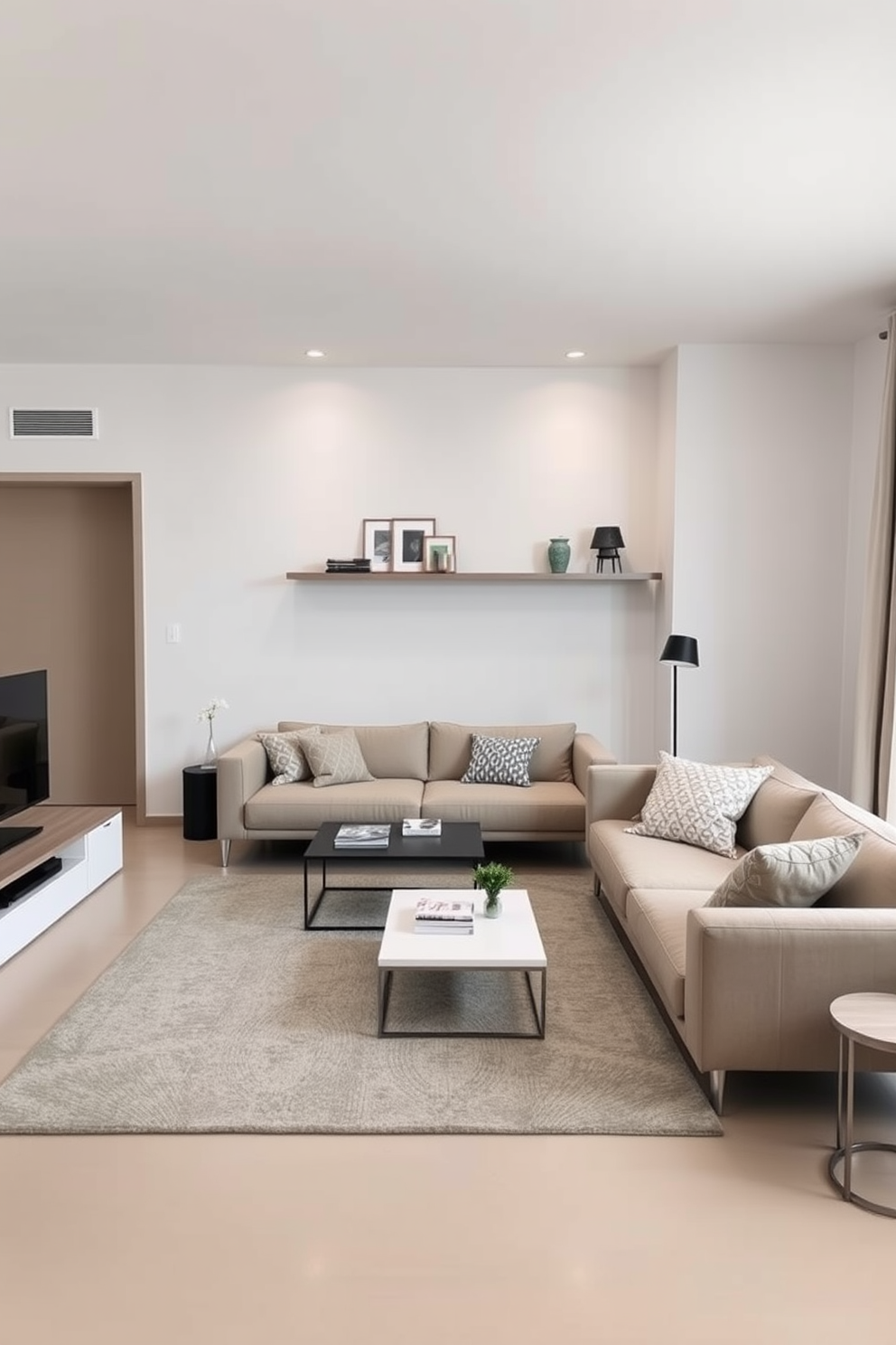 A minimalist family room featuring multifunctional furniture that maximizes space efficiency. The room includes a sleek sofa that converts into a bed, paired with a coffee table that doubles as a storage unit. Light-colored walls create an airy atmosphere, while a large area rug defines the seating area. A wall-mounted shelf displays decorative items, keeping the floor clear and open for movement.