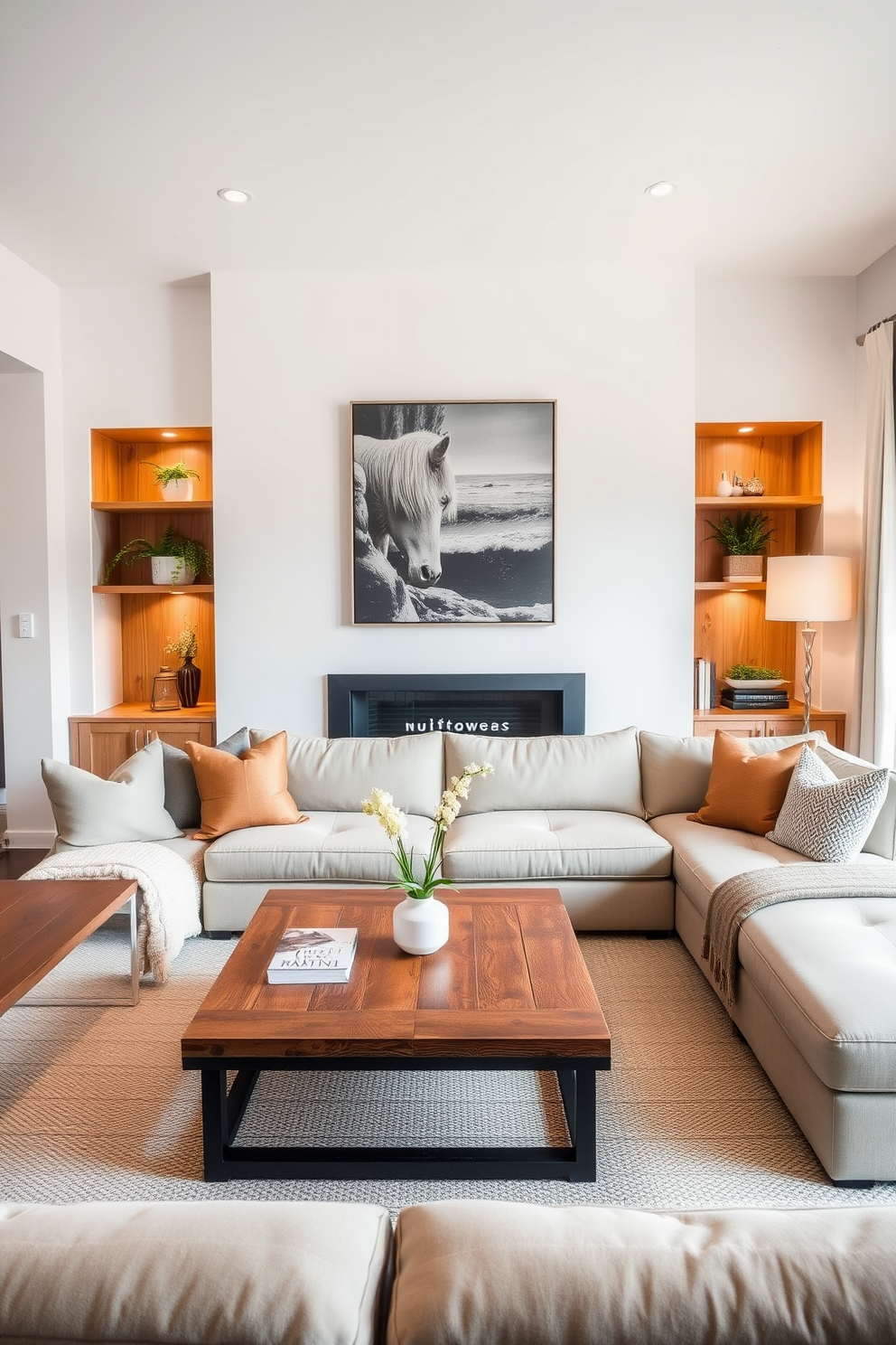 A minimalist family room design featuring warm wood accents to create a cozy and inviting atmosphere. The room includes a sleek sectional sofa in neutral tones, complemented by a reclaimed wood coffee table and built-in shelving with decorative plants and books.