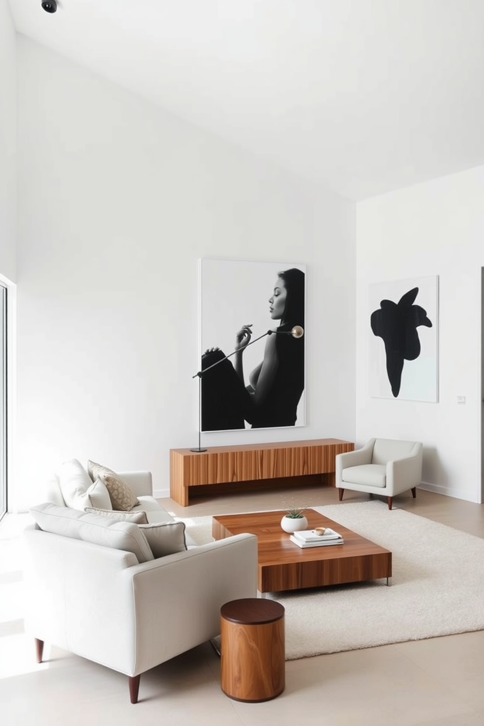 Minimalist art pieces for visual interest. The room features large white walls adorned with simple black and white abstract paintings that draw the eye. Minimalist family room design ideas. A spacious layout includes a low-profile sofa in a neutral tone, paired with a sleek wooden coffee table and a single statement armchair.