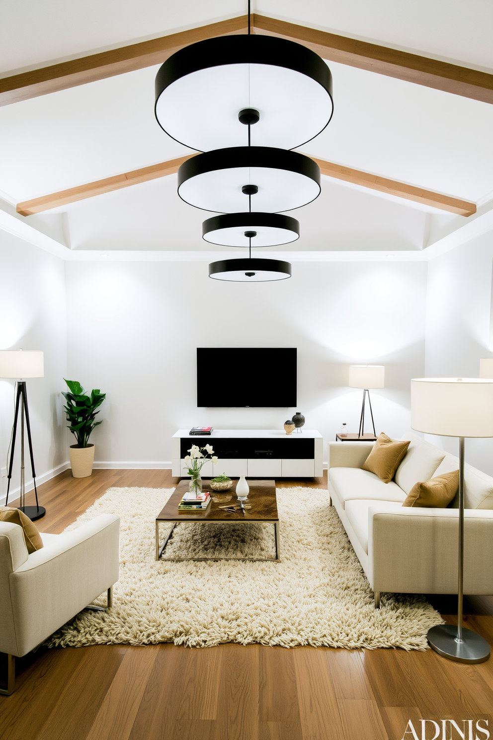 A minimalist family room features layered lighting that combines elegant pendant lights and stylish floor lamps. The space is designed with a neutral color palette, accentuated by a plush area rug and sleek furniture that promotes comfort and simplicity.