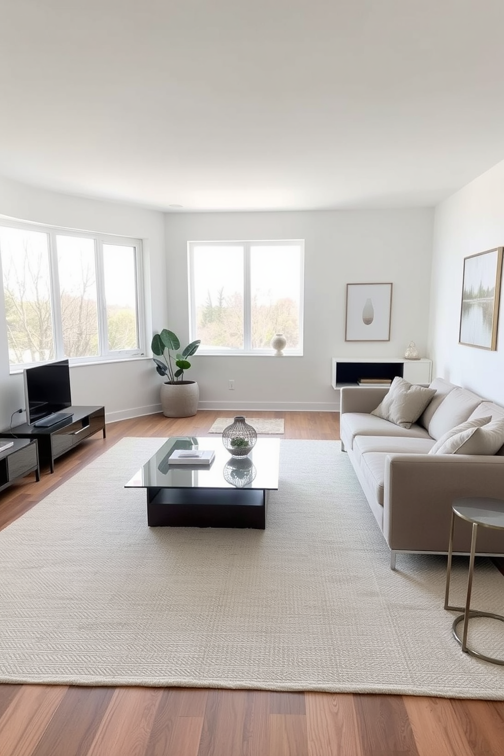 A minimalist family room featuring low-profile furniture that enhances the airy atmosphere. The seating arrangement includes a sleek, low sofa in a neutral tone paired with a glass coffee table and a simple area rug. Natural light floods the space through large windows, creating a bright and inviting environment. The walls are painted in soft white, and a few carefully chosen art pieces add subtle interest without overwhelming the simplicity.