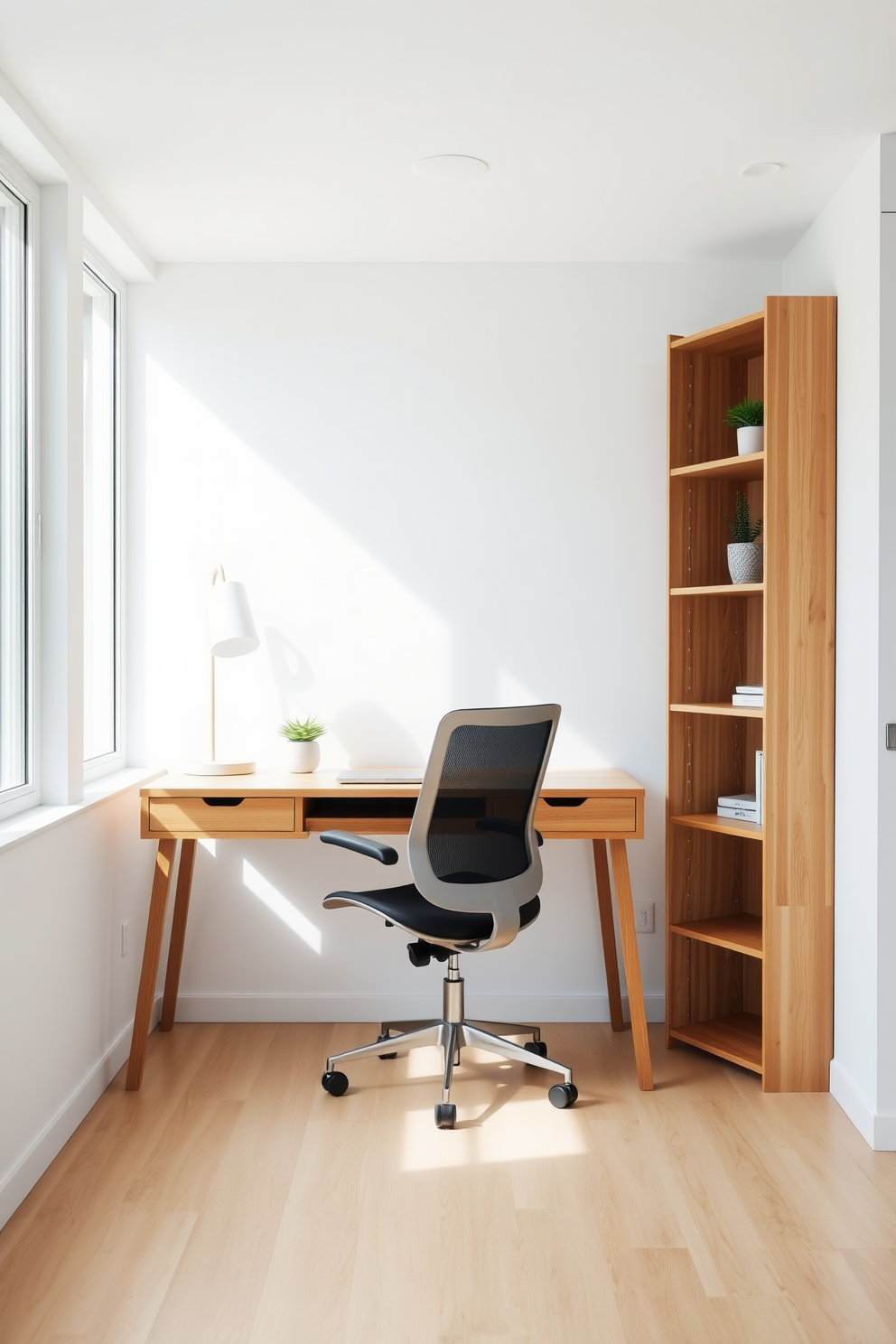 A minimalist desk with a natural wood finish sits against a bright white wall, complemented by a sleek ergonomic chair. The desk is adorned with a small potted plant and a minimalist lamp, creating a serene workspace. The home office features large windows that allow natural light to flood the space, enhancing the warm tones of the wood. A simple bookshelf made of the same natural wood finish stands nearby, showcasing a few carefully selected books and decorative items.