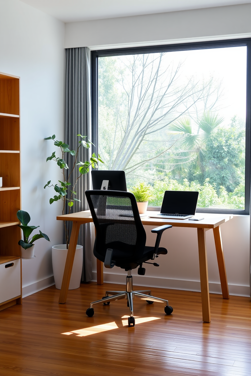 A minimalist home office design featuring a large window that floods the space with natural light. The desk is sleek and simple, made of light wood, with a comfortable ergonomic chair positioned neatly beside it. On the desk, there is a laptop and a small potted plant adding a touch of greenery. The walls are painted in a soft white, and the floor is a warm hardwood, creating an inviting and productive atmosphere.