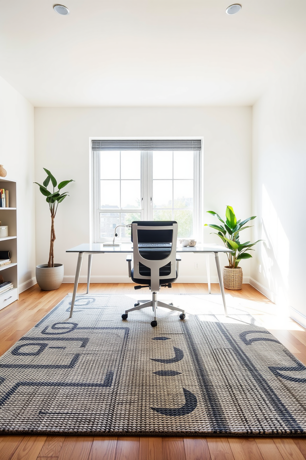 A minimalist home office featuring a textured rug that adds warmth and comfort to the space. The desk is sleek and modern, accompanied by a stylish ergonomic chair and plenty of natural light streaming in through a large window.