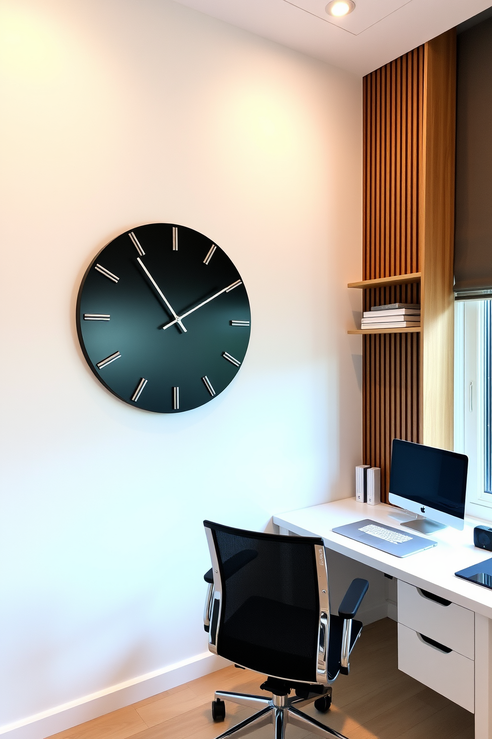 A sleek minimalist clock hangs on the wall, featuring a simple black face with thin white hands. The clock's understated design adds a touch of elegance while ensuring functionality in the space. The home office is designed with clean lines and a neutral color palette, featuring a spacious desk with minimal clutter. A comfortable ergonomic chair complements the workspace, while a large window allows natural light to fill the room.