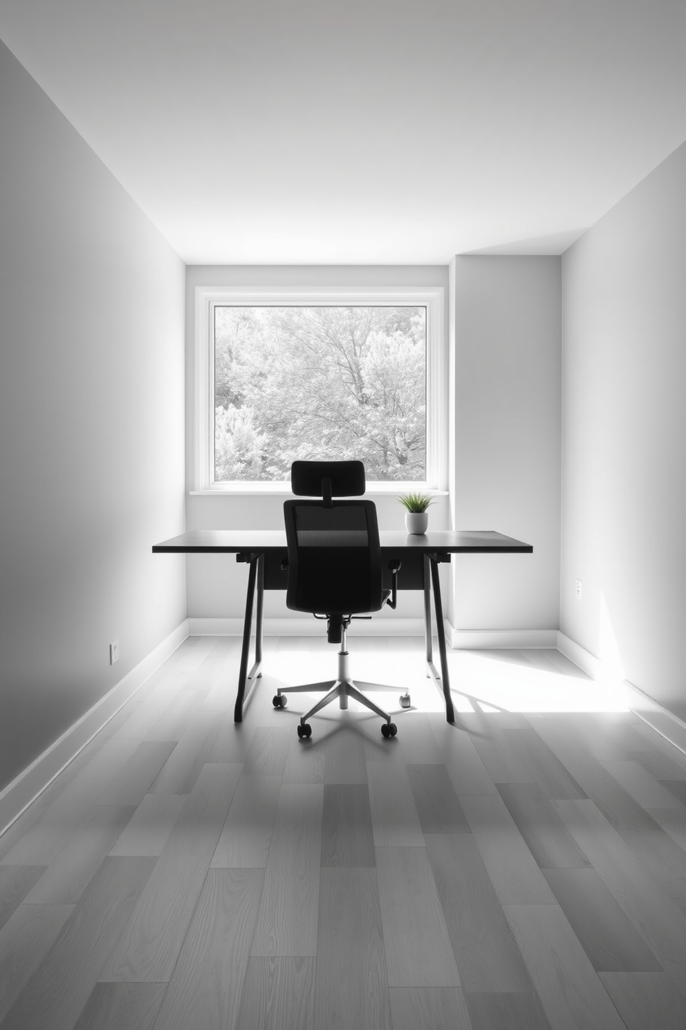 A minimalist home office featuring a sleek black desk with clean lines and no visible hardware. The walls are painted in a soft gray tone, and a single large window allows natural light to flood the space. A simple black ergonomic chair is positioned at the desk, complemented by a small potted plant on the desk for a touch of greenery. The flooring is a light gray hardwood, enhancing the overall monochrome aesthetic.