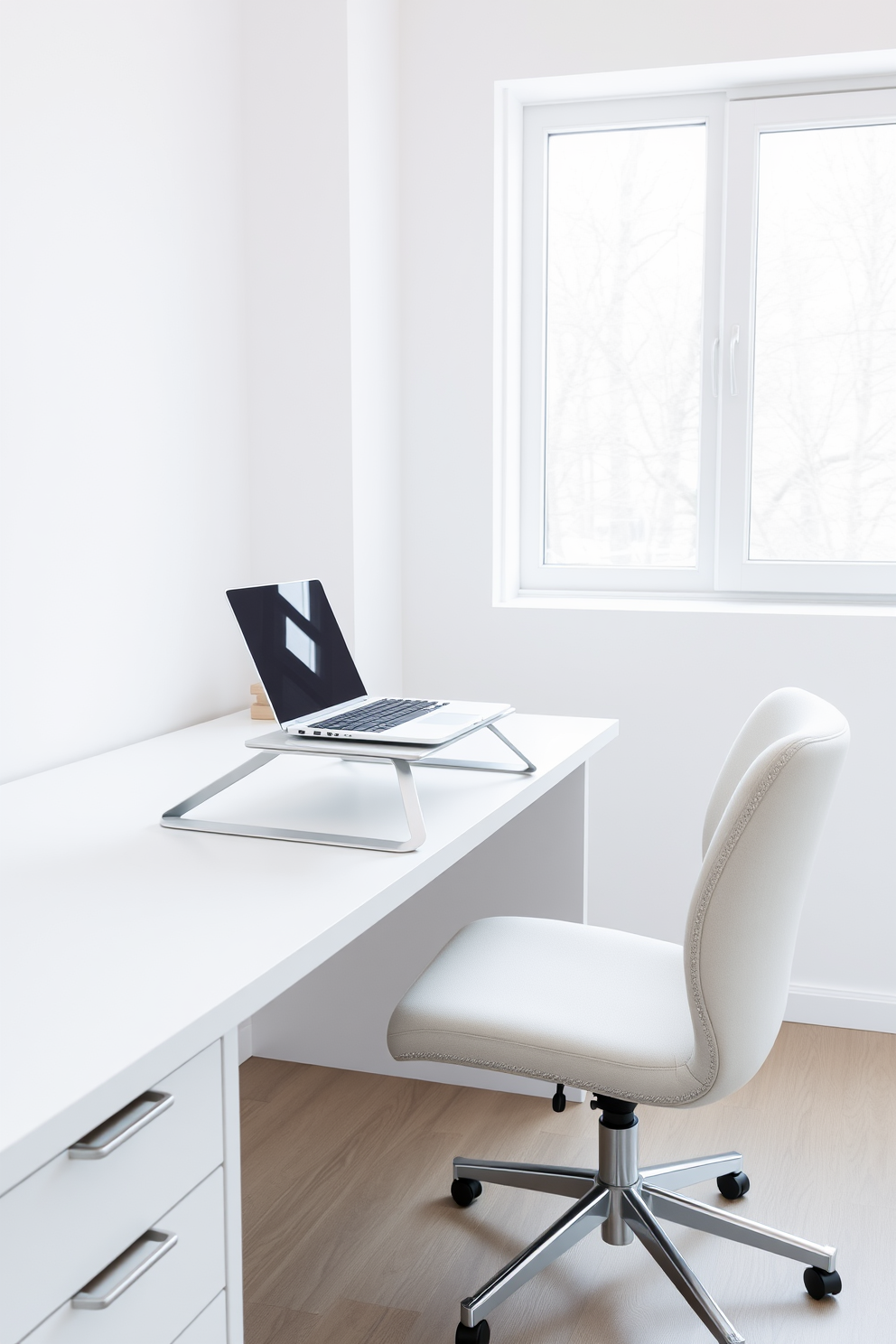 A sleek laptop stand designed for ergonomic comfort sits on a clean white desk. The stand elevates the laptop screen to eye level, promoting better posture and reducing strain. The minimalist home office features a light wood desk paired with a simple, comfortable chair. Soft natural light floods the space through a large window, highlighting the uncluttered design and calming atmosphere.