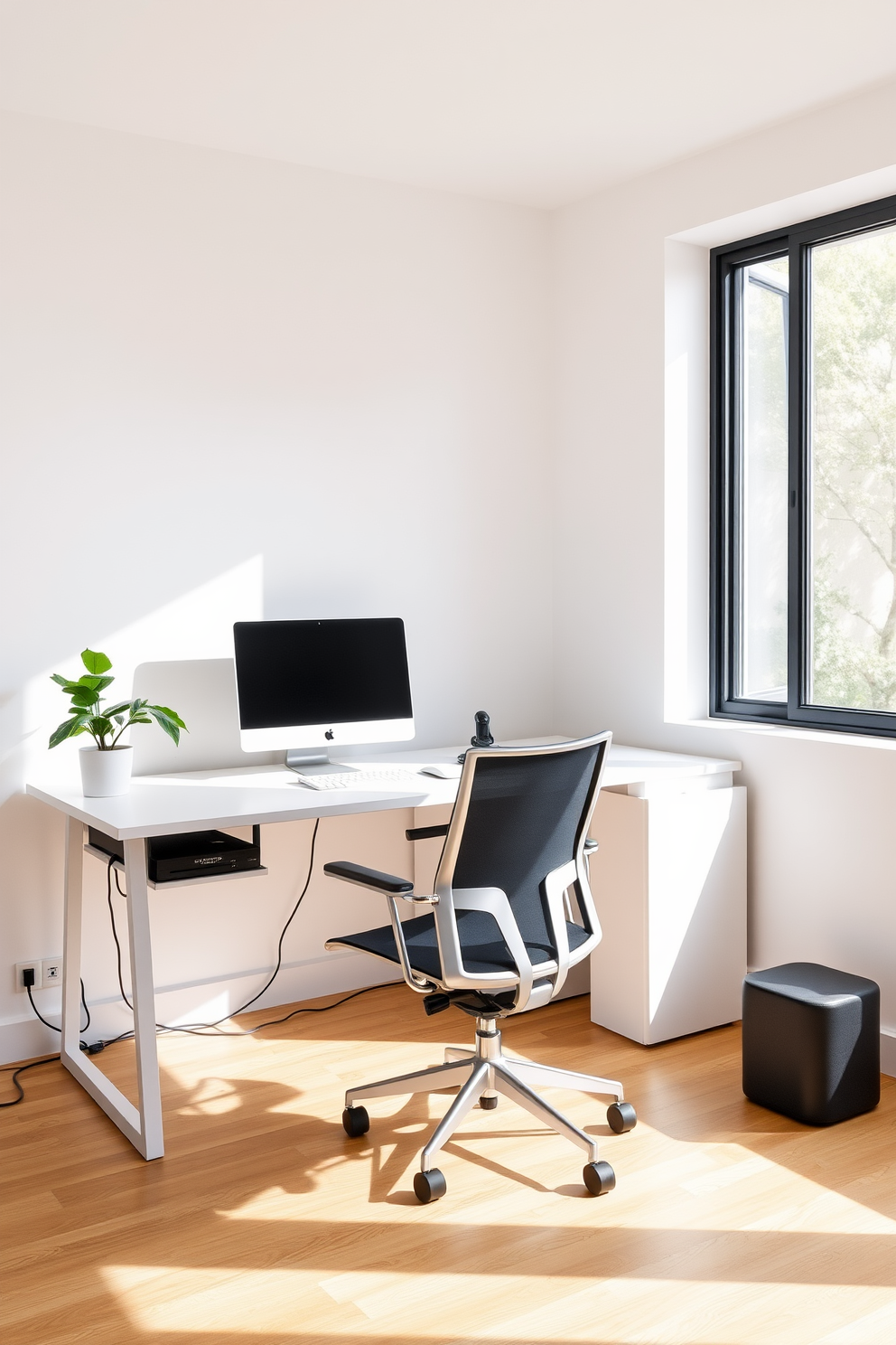 A sleek minimalist home office features a clean desk with hidden cable management solutions that keep wires out of sight. The walls are painted in a soft white, and a single potted plant adds a touch of greenery to the space. The office chair is ergonomically designed, complementing the simplicity of the room. Natural light floods in through a large window, enhancing the airy and uncluttered atmosphere.