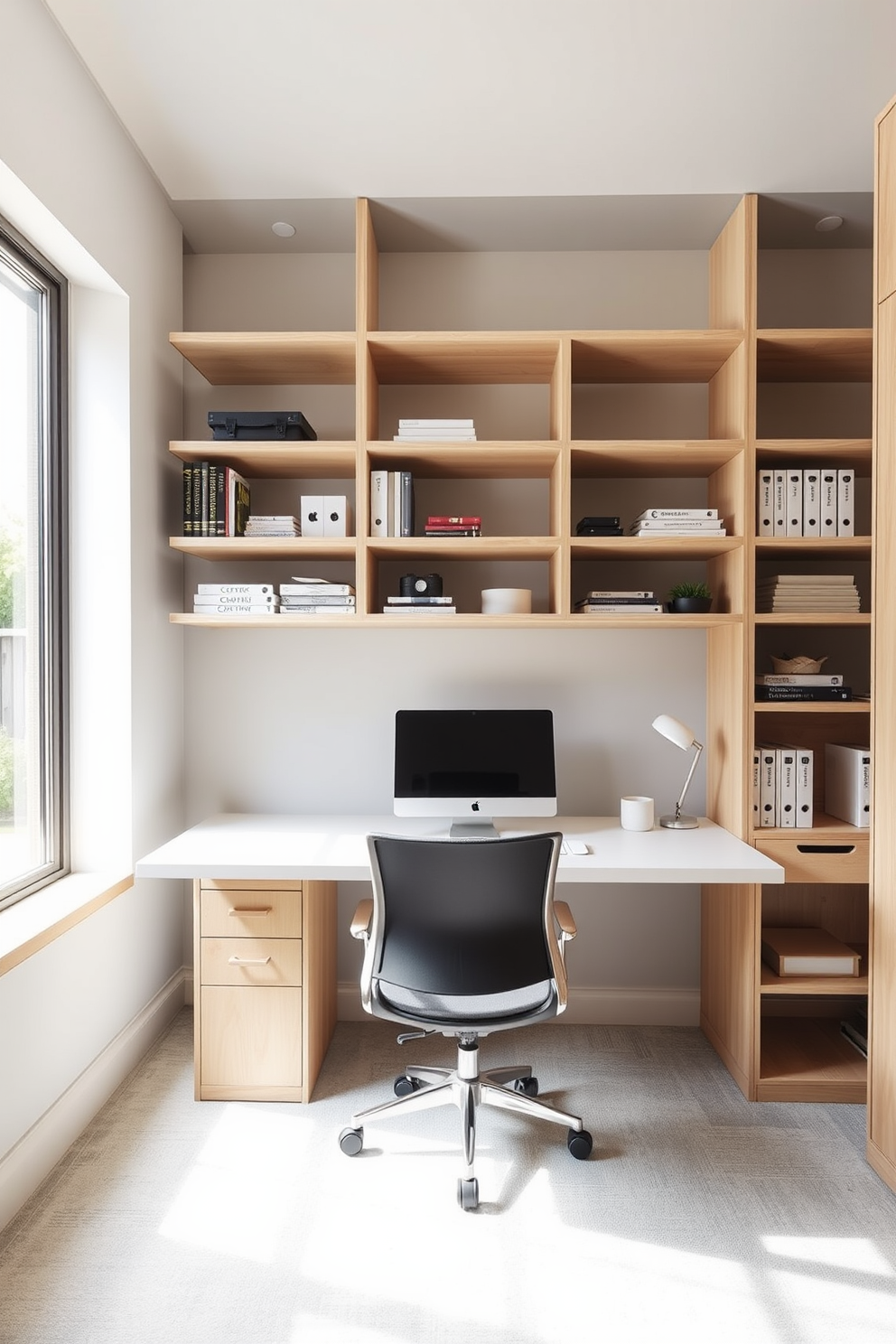 A minimalist home office features open shelving that displays essential items in an organized manner. The shelves are made of light wood, complementing the neutral color palette of the room. A sleek desk with a simple design sits below the shelving, paired with a comfortable ergonomic chair. Natural light floods the space through a large window, enhancing the calm and productive atmosphere.