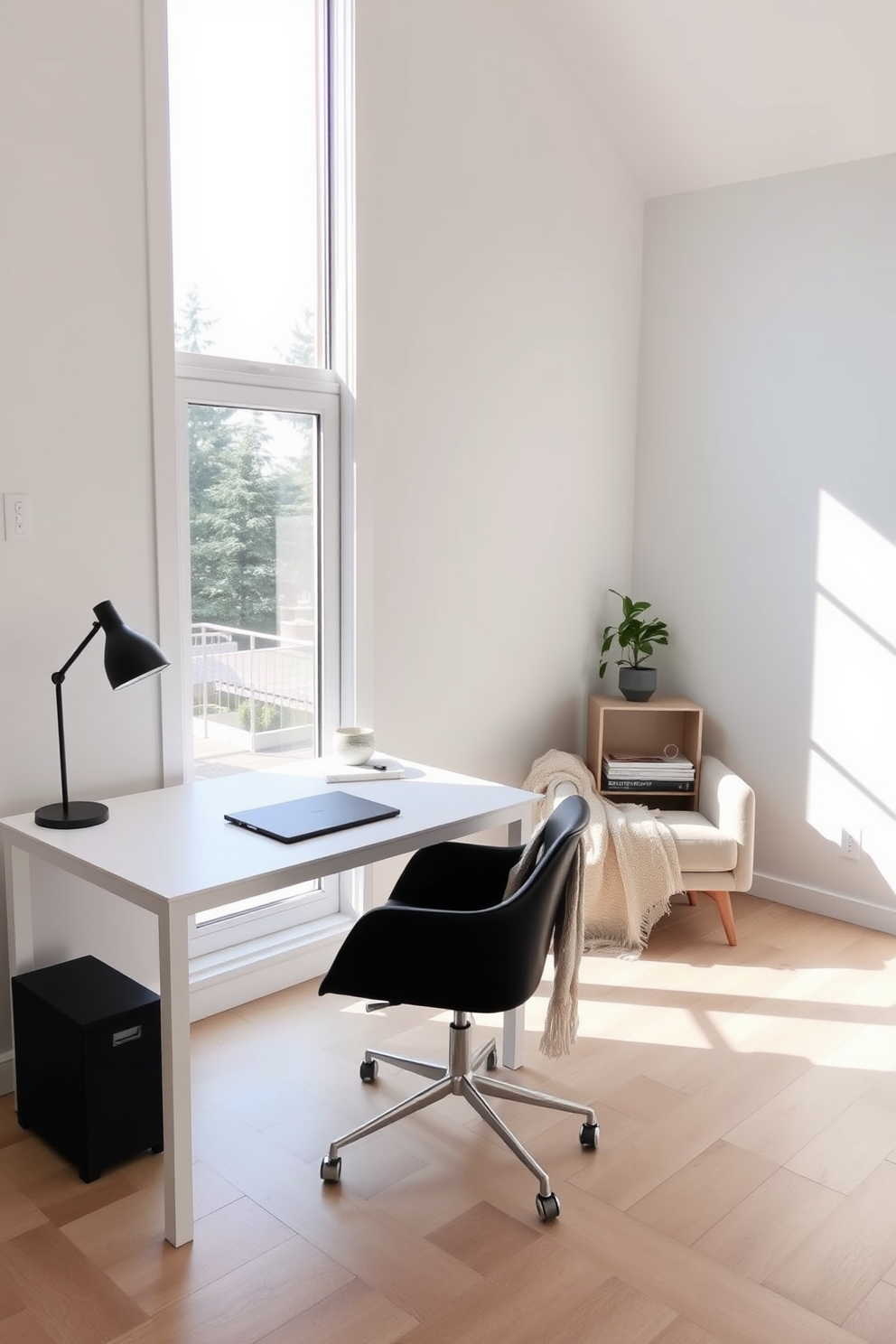 A serene minimalist home office featuring a small reading nook area. The workspace includes a sleek white desk with a simple black chair, complemented by a cozy armchair in the corner, adorned with a soft throw blanket. Natural light floods the room through a large window, highlighting the light wood flooring and neutral color palette. A small bookshelf beside the reading nook holds a curated selection of books and a potted plant for a touch of greenery.