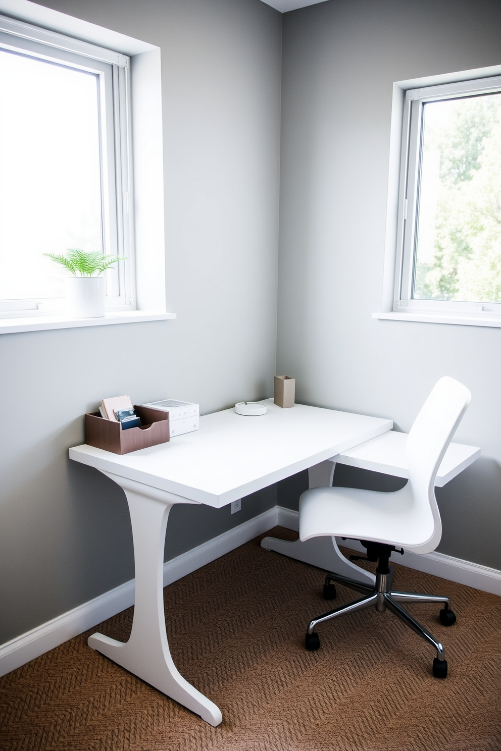 A serene home office space featuring a sleek white desk with minimalist organizers neatly arranged for desk essentials. The walls are painted in a soft gray tone, and a large window allows natural light to flood the room, complemented by a simple potted plant on the windowsill.