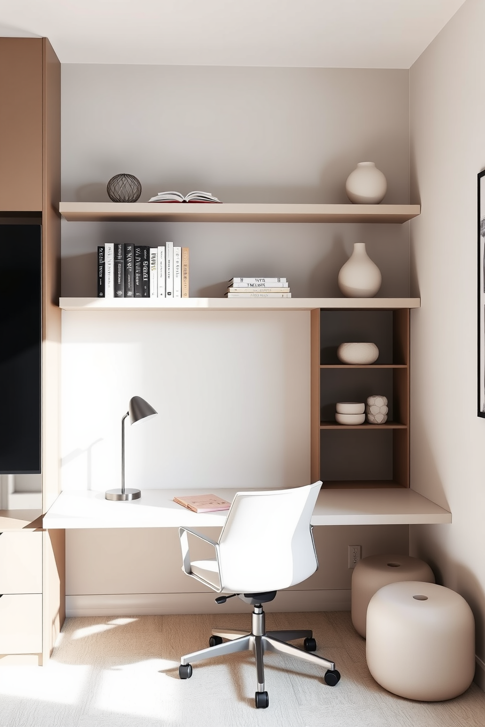 A minimalist home office features sleek floating shelves mounted on the walls, providing extra storage space for books and decorative items. The desk is simple and elegant, paired with a comfortable ergonomic chair, all set against a backdrop of soft neutral colors.