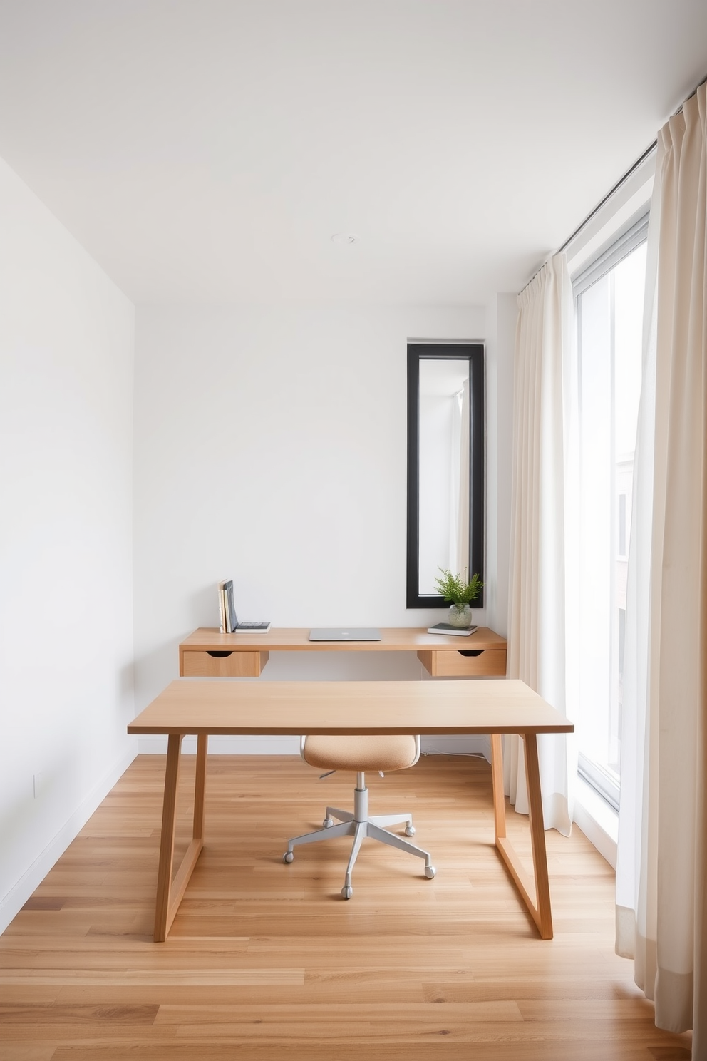 A minimalist home office features a sleek desk made of light wood with a simple, modern chair. The walls are painted in a soft white, and a large window allows natural light to flood the space, adorned with simple curtains that provide light control and privacy.