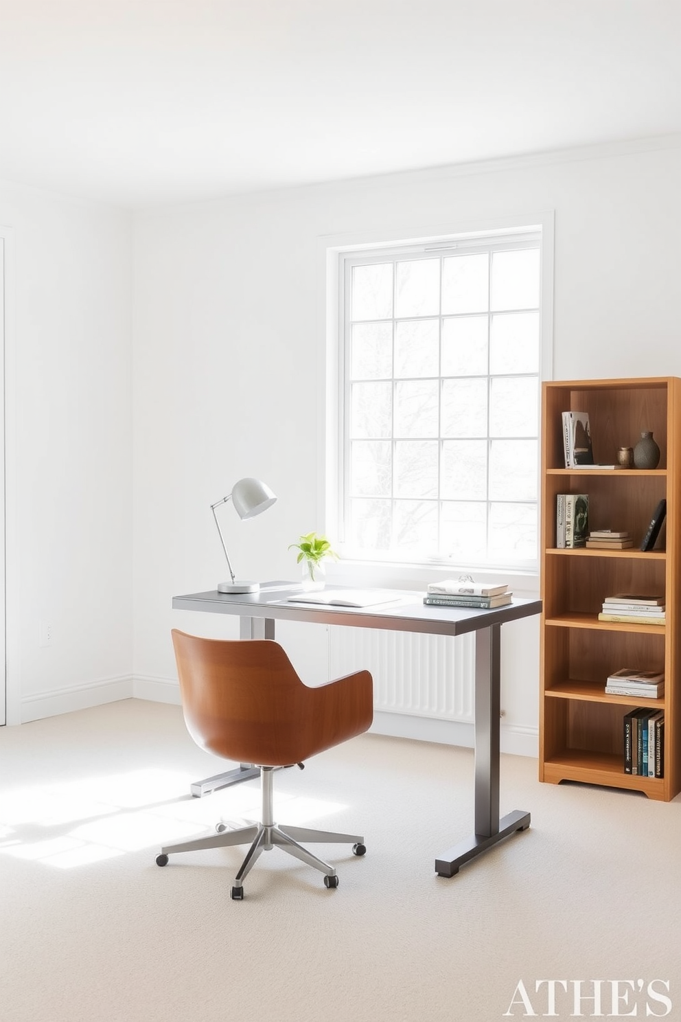 A minimalist home office featuring a sleek metal desk paired with a warm wooden chair. The walls are painted in a soft white, and a large window allows natural light to flood the space, highlighting the simplicity of the decor. On the desk, a minimalistic lamp with a metal finish sits beside a small potted plant. A wooden bookshelf against one wall displays a few carefully curated books and decorative items, maintaining the uncluttered aesthetic.