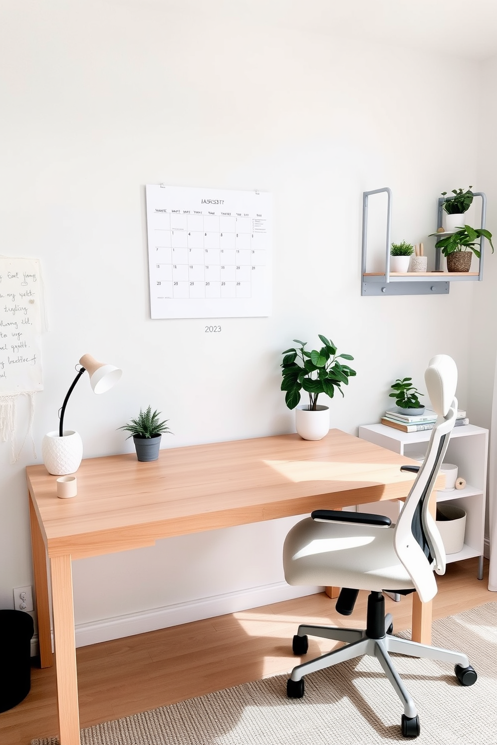 A serene minimalist home office setting features a sleek wooden desk with clean lines and a comfortable ergonomic chair. A minimalist calendar is mounted on the wall, providing a simple yet functional way to plan tasks and appointments. The color palette consists of soft whites and light grays, creating a calm atmosphere. A few potted plants add a touch of greenery, while shelves hold only essential items to maintain a clutter-free space.