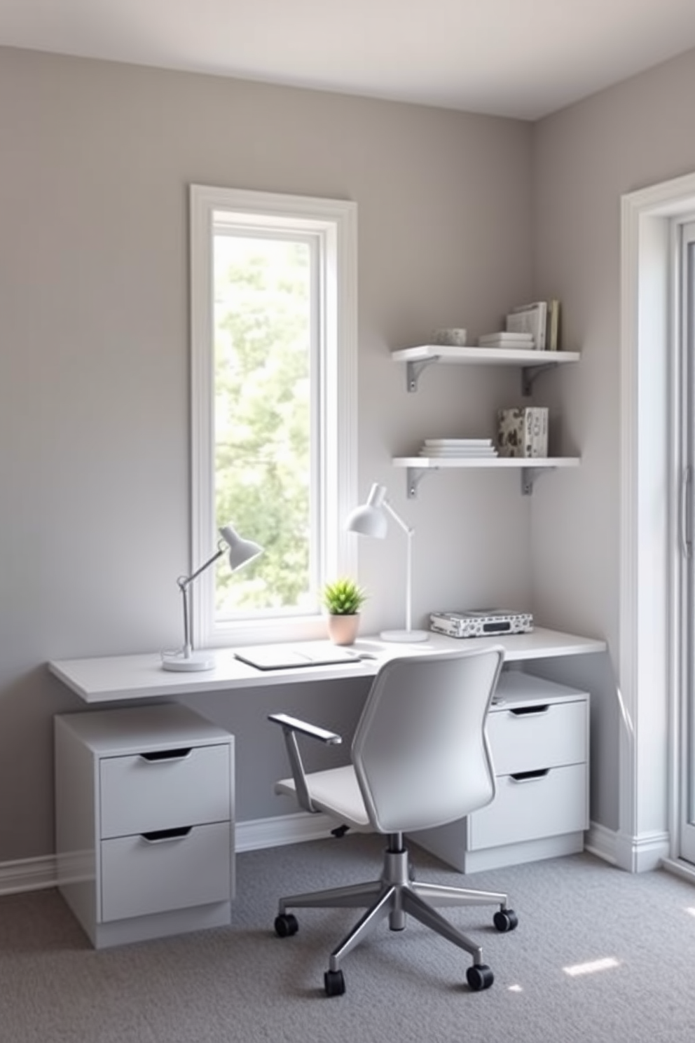 A minimalist home office design features a sleek white desk with clean lines, accompanied by a comfortable ergonomic chair. The walls are painted in a soft gray tone, and a single large window allows natural light to flood the space, enhancing the airy feel. On the desk, a small potted plant adds a touch of greenery, while a minimalist lamp provides focused lighting for work tasks. Shelves with a few carefully selected books and decorative items are mounted on the wall, maintaining a clutter-free environment.