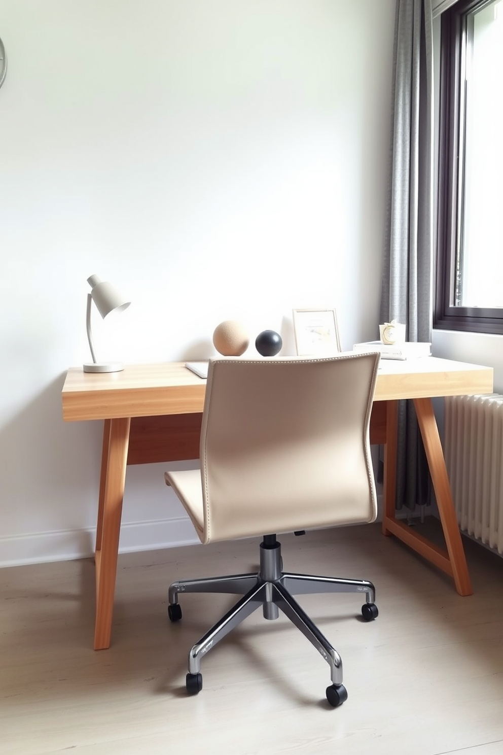 A simple yet stylish desk chair is placed in a minimalist home office setting. The chair features clean lines and a neutral color, complementing the light wood desk and the airy atmosphere of the room. Natural light floods the space through a large window, illuminating the uncluttered workspace. A few carefully selected decorative items are arranged on the desk, enhancing the overall aesthetic without overwhelming the simplicity of the design.