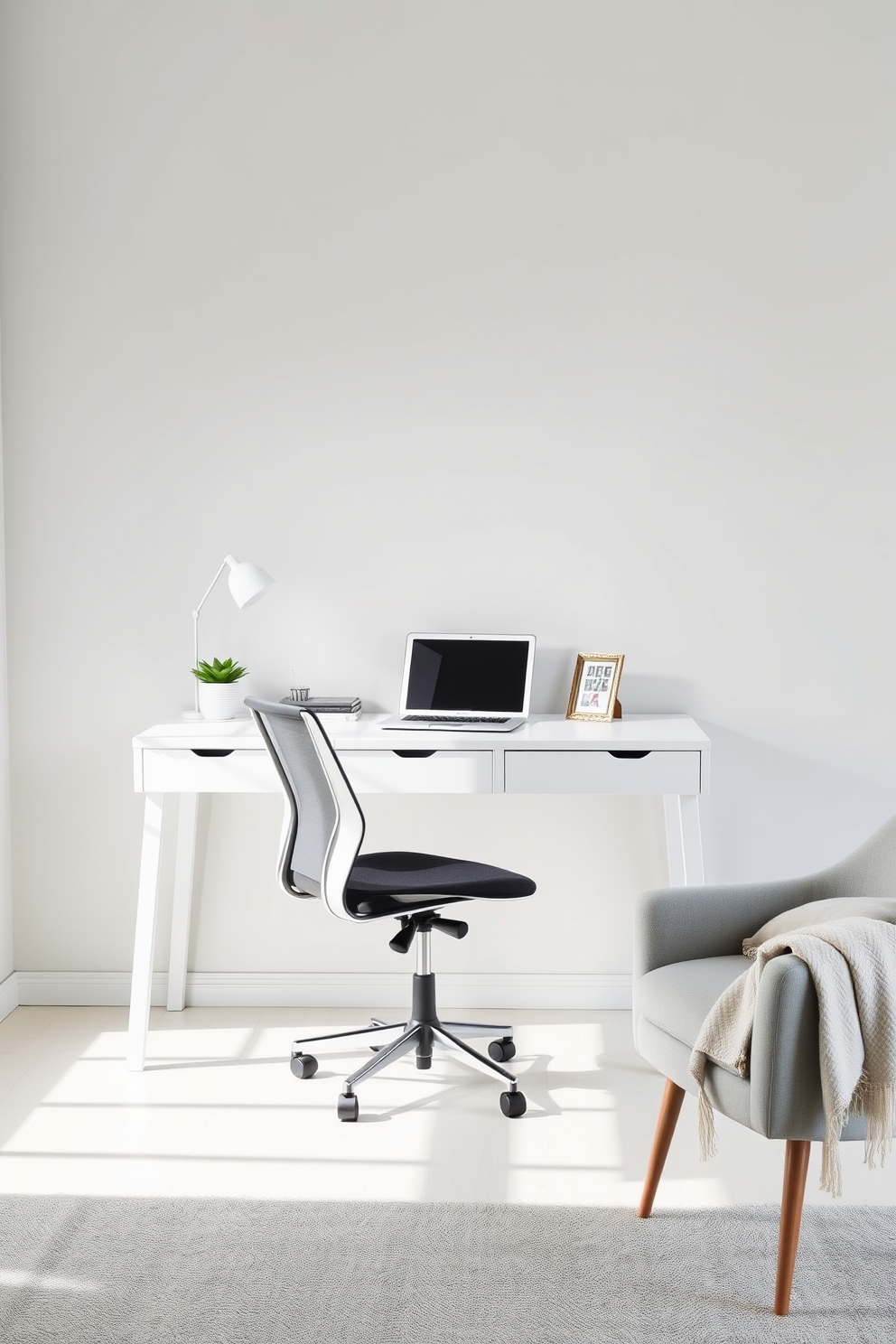 A serene minimalist home office with a sleek white desk positioned against a light gray wall. A comfortable ergonomic chair sits at the desk, and a small potted plant adds a touch of greenery beside a laptop. On the desk, a few personal items are tastefully arranged, including a framed photo and a stylish pen holder. A cozy reading nook with a simple armchair and a soft throw blanket is placed in the corner, enhancing the inviting atmosphere.