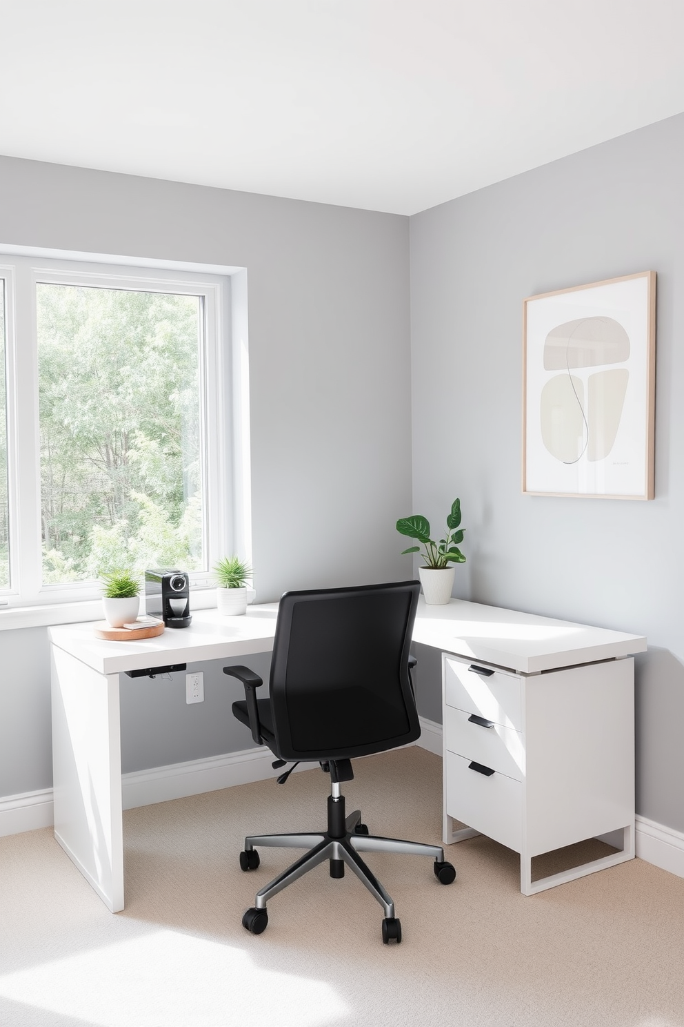 A minimalist home office setting featuring a sleek white desk with clean lines and a comfortable ergonomic chair. The walls are painted in a soft gray tone, and a large window allows natural light to fill the space. In one corner, a small coffee station includes a compact espresso machine and a stylish wooden shelf for coffee supplies. A potted plant sits on the desk to add a touch of greenery, while a simple abstract artwork hangs above the desk for visual interest.