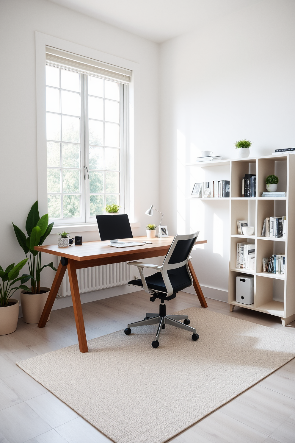 A bright and airy home office features a sleek wooden desk positioned near a large window, allowing natural light to flood the space. The walls are painted in a soft white, complemented by a few potted plants that add a touch of greenery. A comfortable ergonomic chair sits at the desk, while minimalist shelving units display a curated selection of books and decorative items. The floor is adorned with a simple area rug that adds warmth without overwhelming the clean aesthetic.