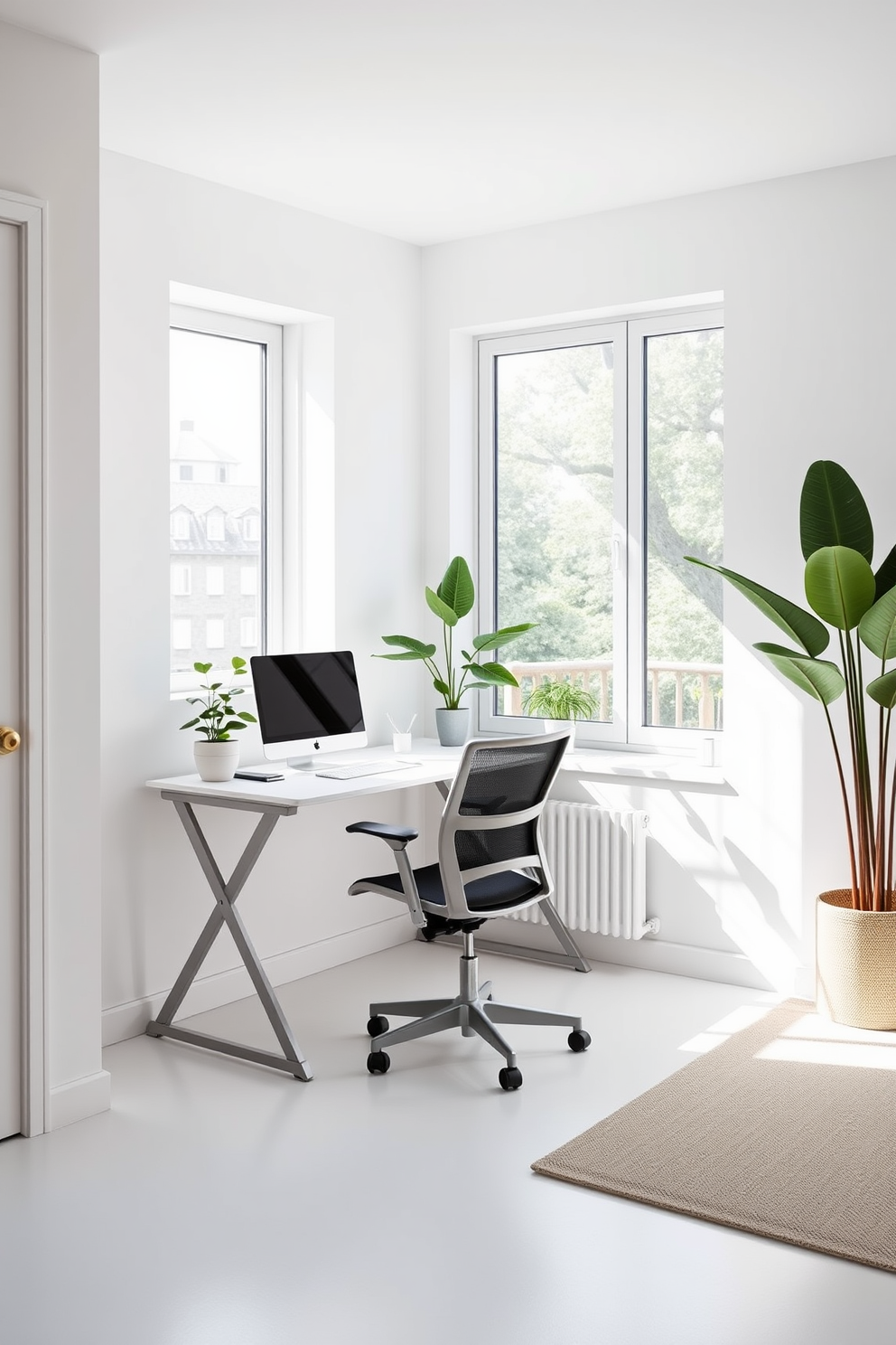 A minimalist home office features a sleek foldable desk that can be easily tucked away when not in use. The walls are painted in a soft white hue, providing a clean and airy backdrop for the space. Natural light floods the room through a large window, illuminating a simple ergonomic chair paired with the desk. A few potted plants add a touch of greenery, enhancing the serene atmosphere without cluttering the design.