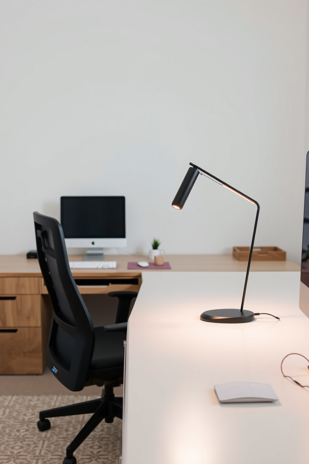 A simple geometric desk lamp made of matte black metal sits on a clean white desk. The lamp's design features sharp angles and a warm glow, complementing the minimalist aesthetic of the home office. The workspace is organized with a sleek wooden desk and a comfortable ergonomic chair. Neutral tones dominate the color palette, creating a calm and focused environment perfect for productivity.