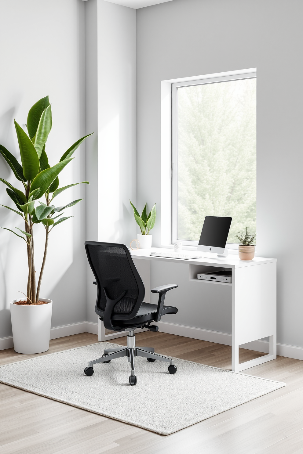 A minimalist home office design featuring a sleek white desk positioned against a light gray wall. A comfortable ergonomic chair complements the desk, and a large window allows natural light to flood the space. Incorporate indoor plants such as a tall snake plant in the corner and a small succulent on the desk for a touch of freshness. The floor is adorned with a soft area rug in neutral tones to enhance the cozy atmosphere.