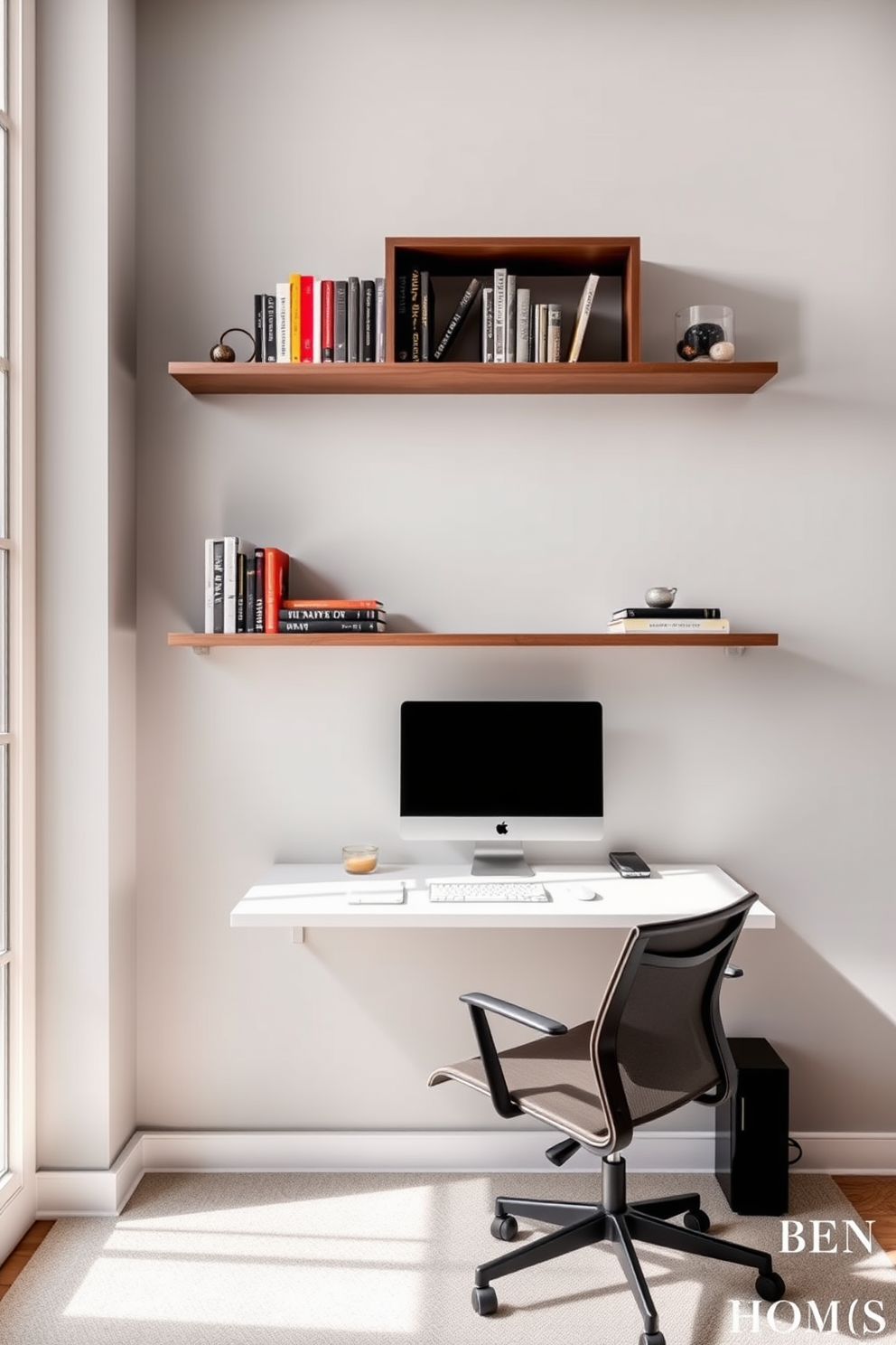 A sleek wall-mounted desk is positioned against a light gray wall, creating an open and airy feel in the room. The desk features clean lines and is paired with a stylish, ergonomic chair that complements the minimalist aesthetic. Above the desk, a series of floating shelves display a curated selection of books and decorative items. Natural light floods the space through a large window, enhancing the calm and productive atmosphere of the home office.