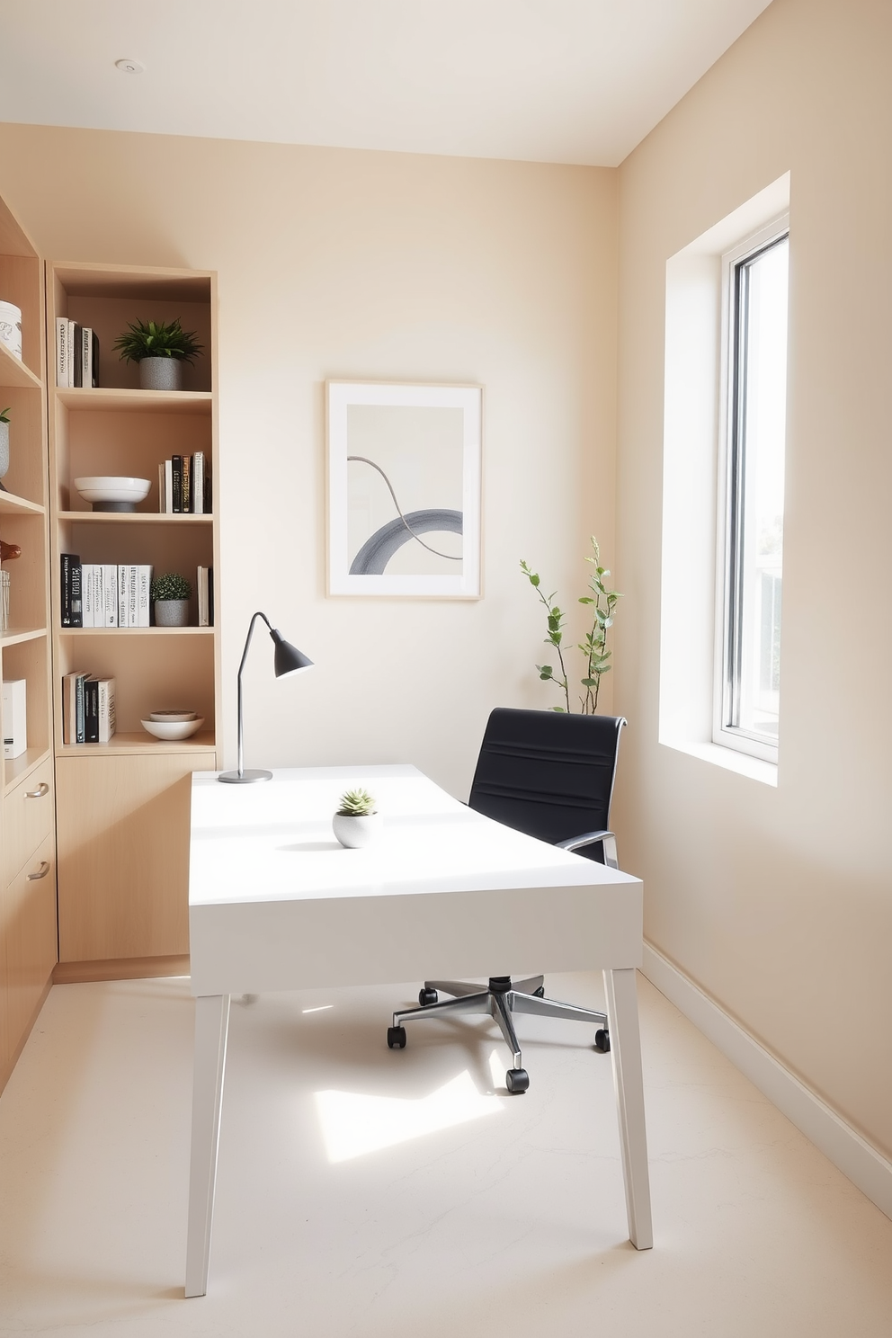 A serene minimalist home office setting. The space features a sleek white desk with a simple black chair, surrounded by light wood shelving that holds a few carefully curated books and plants. The walls are painted in a soft beige tone, creating a warm and inviting atmosphere. A large window lets in natural light, illuminating a small potted succulent on the desk and a minimalist abstract artwork hanging above.