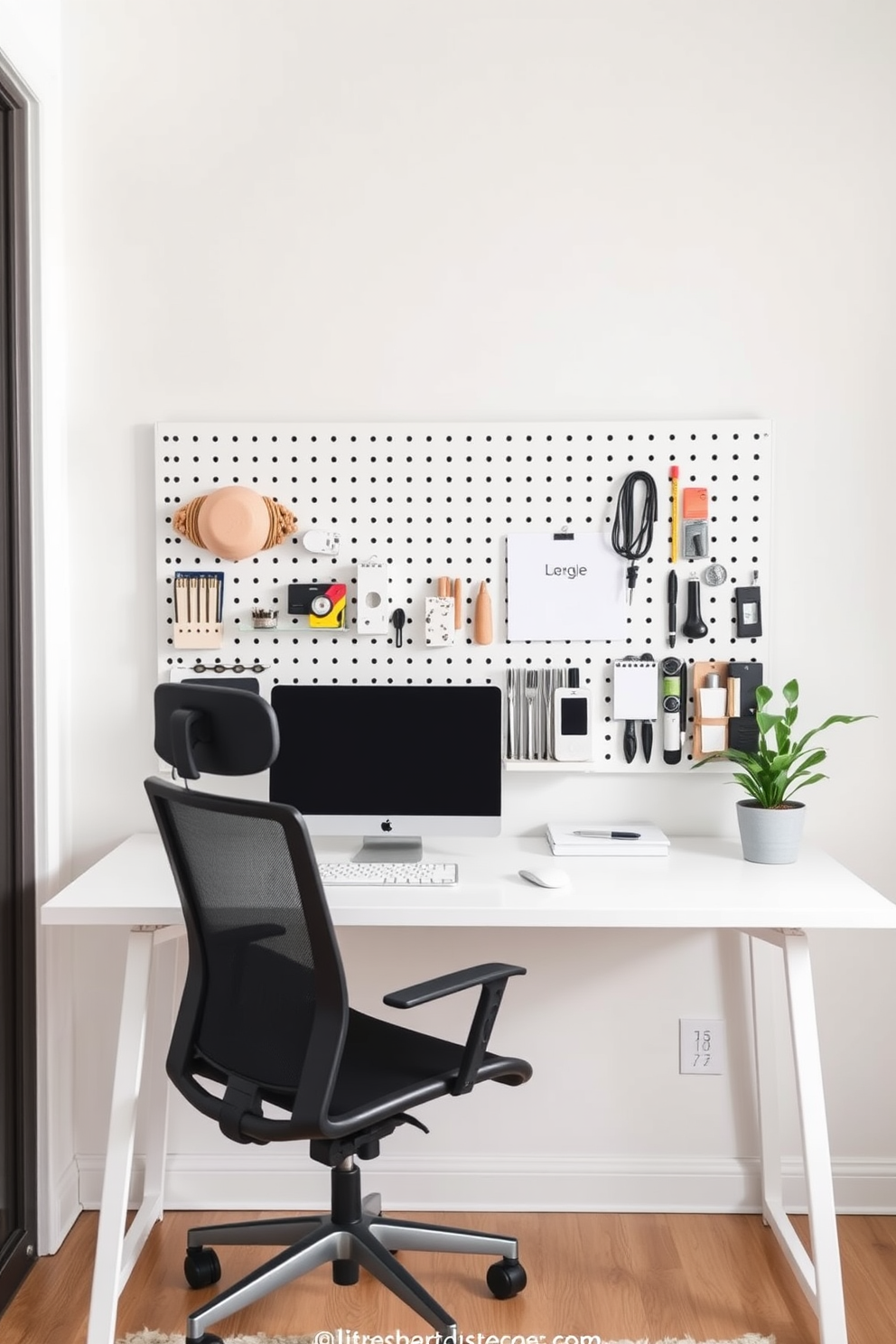 A minimalist home office design featuring a pegboard mounted on the wall for organized supplies. The workspace includes a sleek desk with a simple ergonomic chair and a potted plant for a touch of greenery.