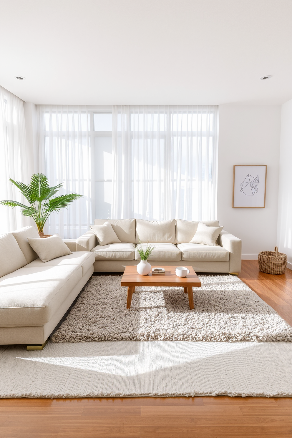 A minimalist living room featuring a neutral color palette with soft textures. The space includes a large, comfortable sofa upholstered in light beige fabric, accompanied by a simple wooden coffee table and a plush area rug in soft gray tones. Natural light floods the room through large windows adorned with sheer white curtains. A few carefully chosen decorative elements, such as a potted plant and a minimalist art piece, enhance the serene ambiance without overwhelming the space.