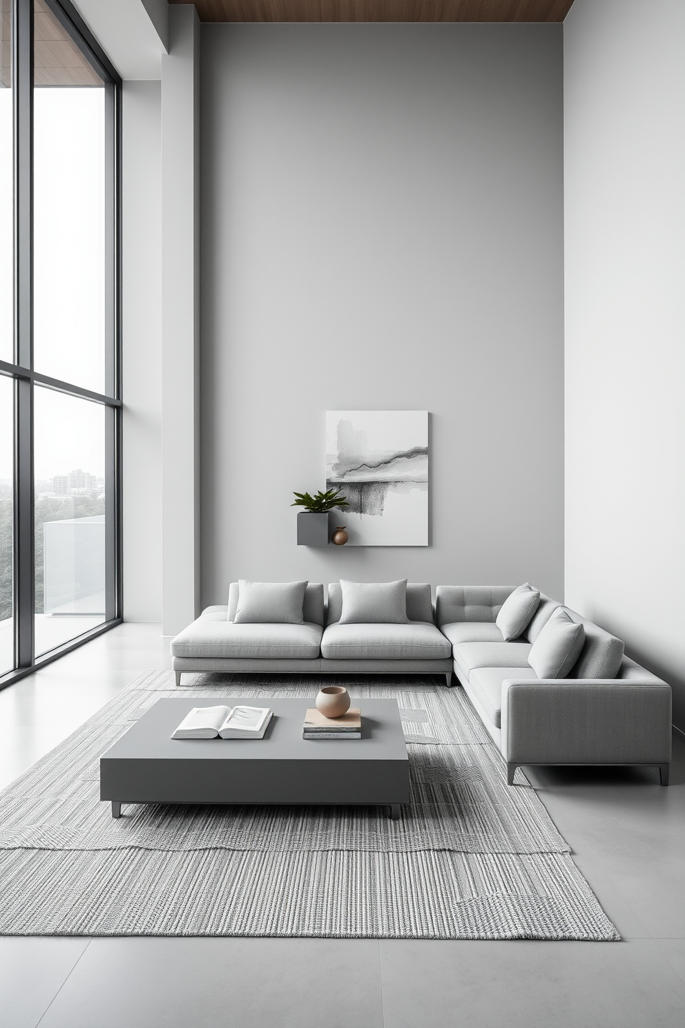 A minimalist living room featuring a monochromatic color scheme that exudes elegance. The space includes a sleek sectional sofa in soft gray, paired with a low-profile coffee table and a textured area rug in a similar shade. Large floor-to-ceiling windows allow natural light to flood the room, highlighting the clean lines and simplicity of the decor. A single statement piece of abstract art in varying shades of gray adorns the wall, enhancing the overall sophisticated atmosphere.