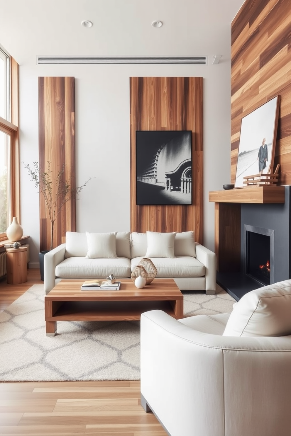 A minimalist living room featuring wood accents to add warmth and texture. The space includes a sleek sofa with neutral upholstery, complemented by a wooden coffee table and a few carefully selected decorative items.