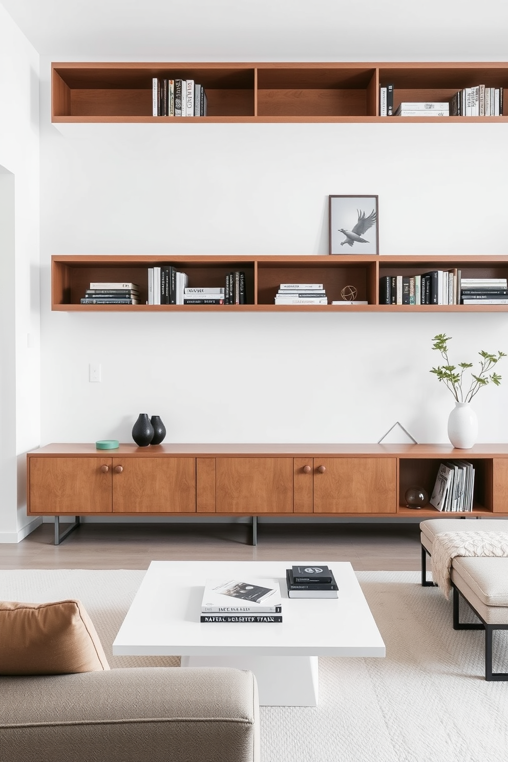 A minimalist living room featuring floating shelves that elegantly display books and decorative items while maximizing floor space. The room is adorned with a neutral color palette, complemented by a sleek sofa and a simple coffee table that enhances the airy atmosphere.