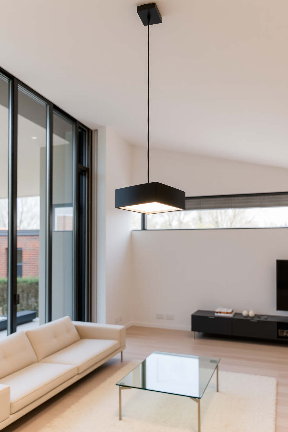 A sleek minimalist lighting fixture hangs from the ceiling, featuring a simple geometric design in matte black. The soft glow illuminates the space, enhancing the modern aesthetic of the room. The minimalist living room showcases a neutral color palette with a low-profile sofa and a glass coffee table. Large windows allow natural light to flood in, creating an airy and inviting atmosphere.