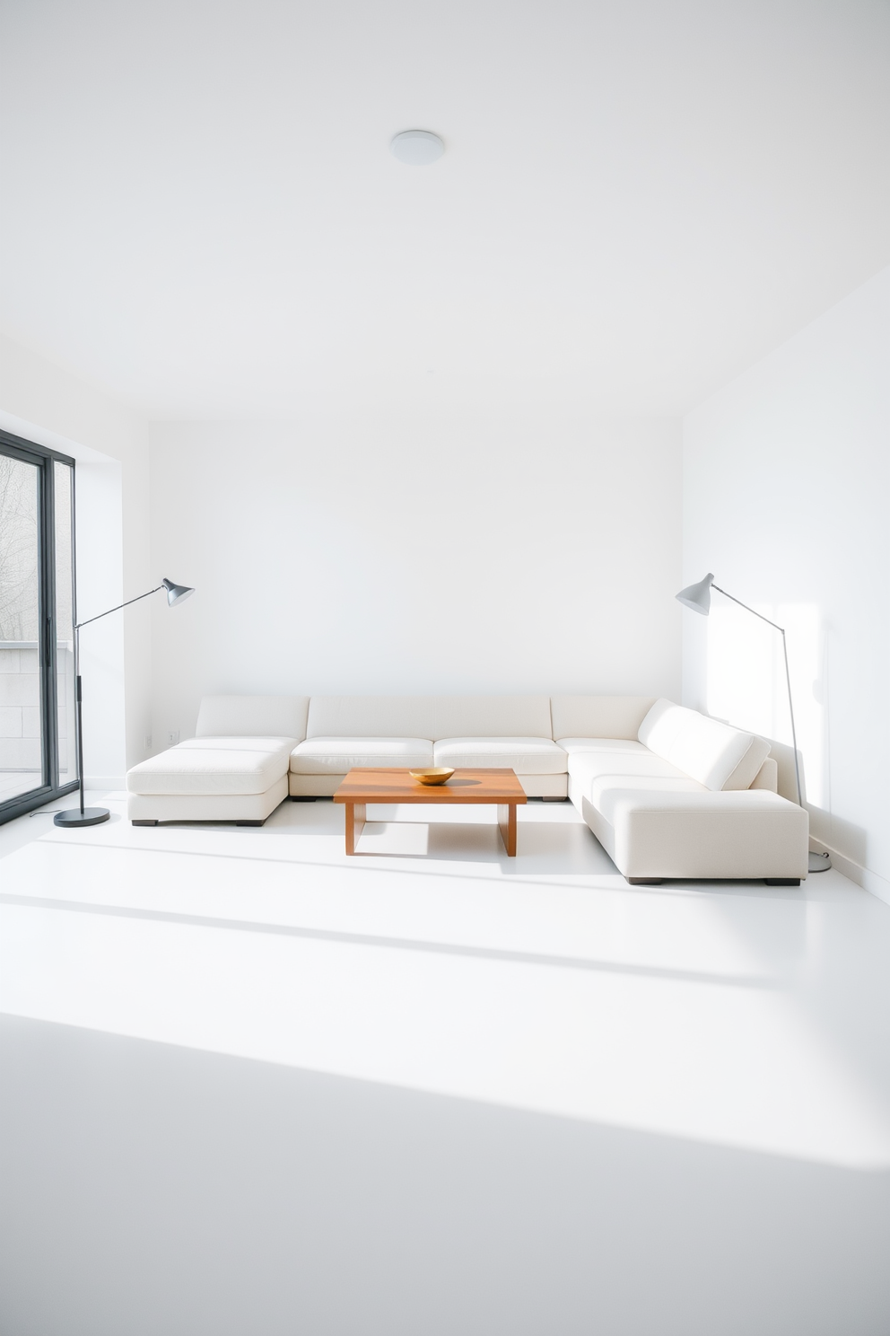 A minimalist living room with a focus on negative space. The room features a large, light-colored sectional sofa positioned against a white wall, allowing for ample open space around it. A simple wooden coffee table sits in front of the sofa, complemented by a single sculptural floor lamp in the corner. Natural light floods the room through a large window, highlighting the clean lines and uncluttered surfaces.