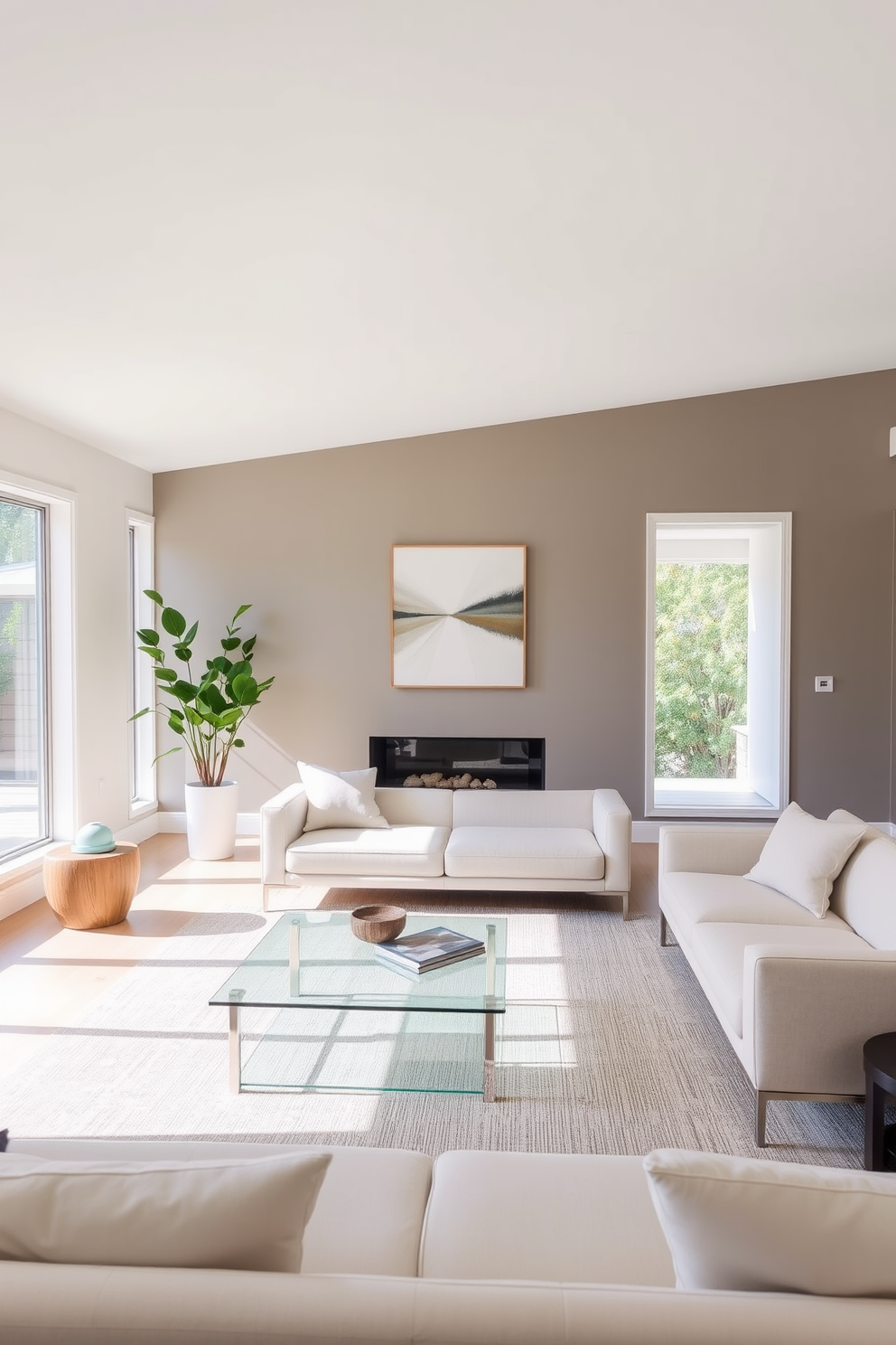 A minimalist living room features an accent wall painted in a muted tone that complements the overall color scheme. The furniture is sleek and simple, with a low-profile sofa and a glass coffee table that enhances the airy feel of the space. Natural light floods the room through large windows, highlighting the clean lines and uncluttered surfaces. Decorative elements are kept to a minimum, with a single piece of abstract art adorning the accent wall, adding a touch of sophistication.