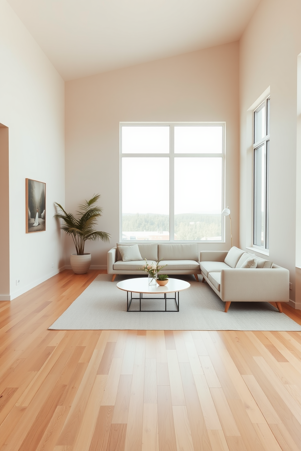 A minimalist living room featuring low-profile furniture that creates a grounded and spacious atmosphere. The seating consists of a sleek, low sofa paired with a simple coffee table that complements the clean lines of the room. Soft neutral tones dominate the color palette, with light beige walls and a warm wood floor that enhances the serene vibe. Large windows allow natural light to flood the space, highlighting the minimalist decor and creating an inviting ambiance.