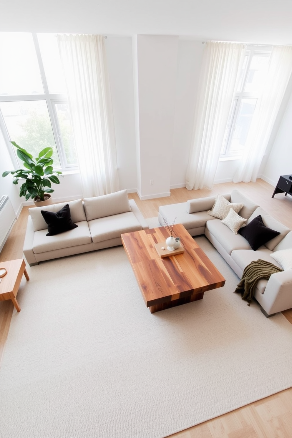 A minimalist living room featuring a sleek sectional sofa in a neutral color with clean lines and a low profile. A large statement coffee table made of reclaimed wood sits in the center, surrounded by a few carefully chosen decorative objects. The walls are painted in a soft white tone, enhancing the airy feel of the space. Large windows allow natural light to flood in, complemented by sheer curtains that add a touch of elegance without overwhelming the simplicity of the design.