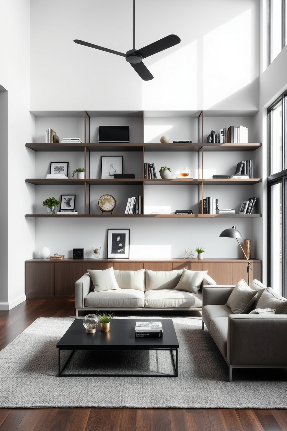 A minimalist living room featuring open shelving that enhances the sense of space. The shelves are filled with carefully curated decor items and books, creating an airy and uncluttered atmosphere. The seating area includes a sleek sofa in neutral tones paired with a modern coffee table. Large windows allow natural light to flood the room, highlighting the simplicity and elegance of the design.