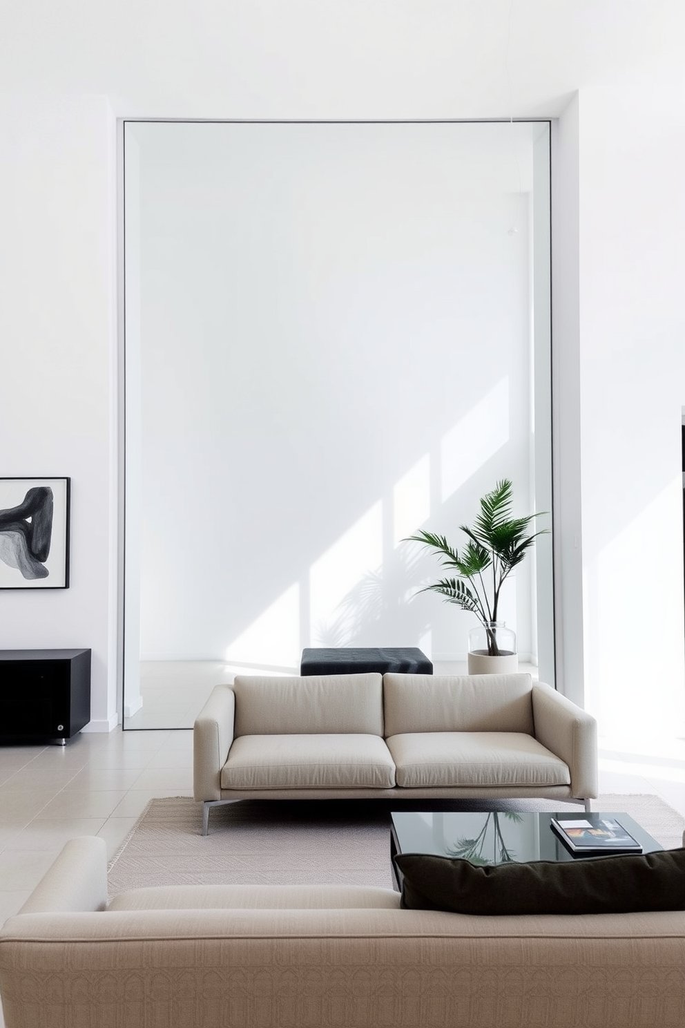 A minimalist living room features a large floor-to-ceiling mirror that reflects natural light and creates an illusion of more space. The furniture is sleek and functional, with a low-profile sofa in a neutral color and a simple coffee table made of glass and metal. The walls are painted in a soft white hue, providing a clean and airy atmosphere. A few carefully chosen decorative elements, such as a single piece of abstract art and a potted plant, add a touch of personality without overwhelming the space.