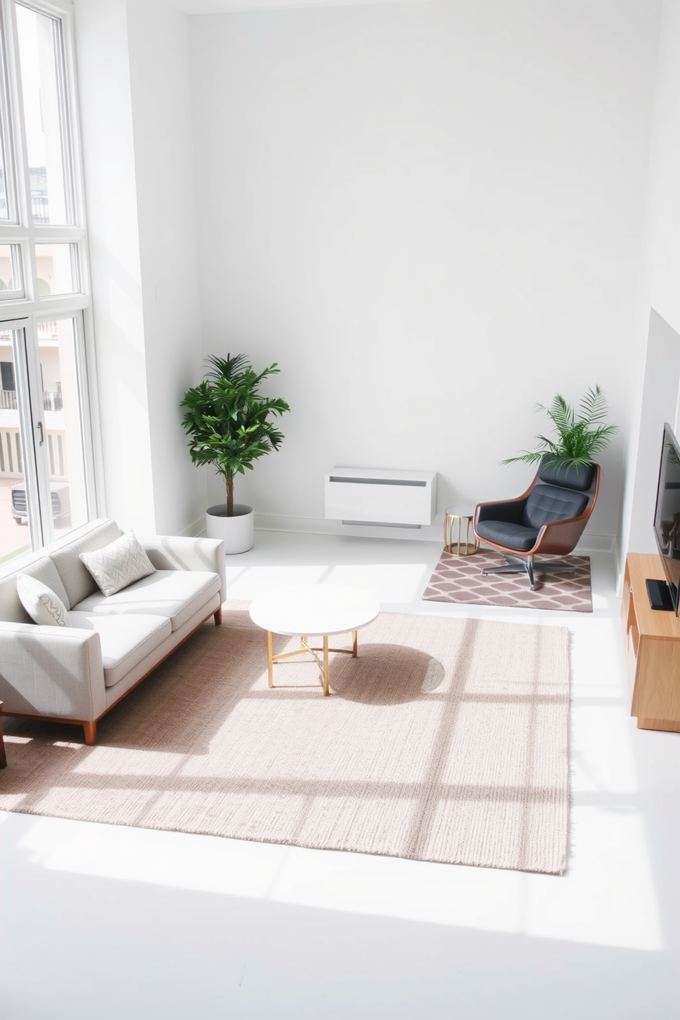 A minimalist living room featuring distinct zones defined by area rugs. The first zone includes a soft neutral rug under a low-profile sofa paired with a sleek coffee table, creating a cozy seating area. The second zone showcases a geometric rug beneath a modern accent chair, providing a reading nook near a large window. The walls are painted in a crisp white, and natural light floods the space, enhancing the airy atmosphere.