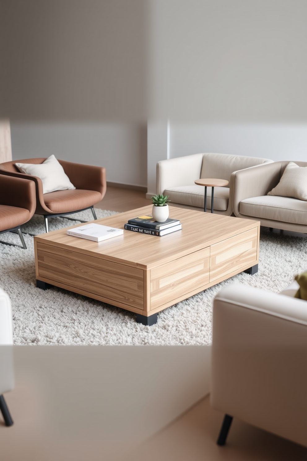 A minimalist coffee table with storage options sits at the center of the room. The table features a sleek design with clean lines and a light wood finish, complemented by a few decorative books and a small potted plant on top. Surrounding the coffee table, the living room showcases a neutral color palette with soft textures. A plush area rug anchors the space, while a comfortable sofa and a couple of modern armchairs create an inviting atmosphere.