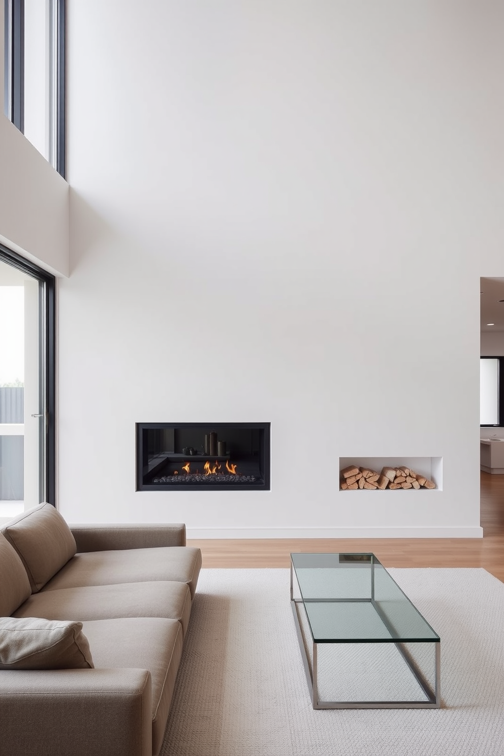 A minimalist living room featuring a sleek built-in fireplace that seamlessly integrates into the wall. The fireplace is surrounded by a smooth white finish, enhancing the clean lines of the space. The room is furnished with a low-profile sofa in a neutral color, complemented by a simple coffee table made of glass and metal. Large windows allow natural light to flood the room, highlighting the minimalist aesthetic.