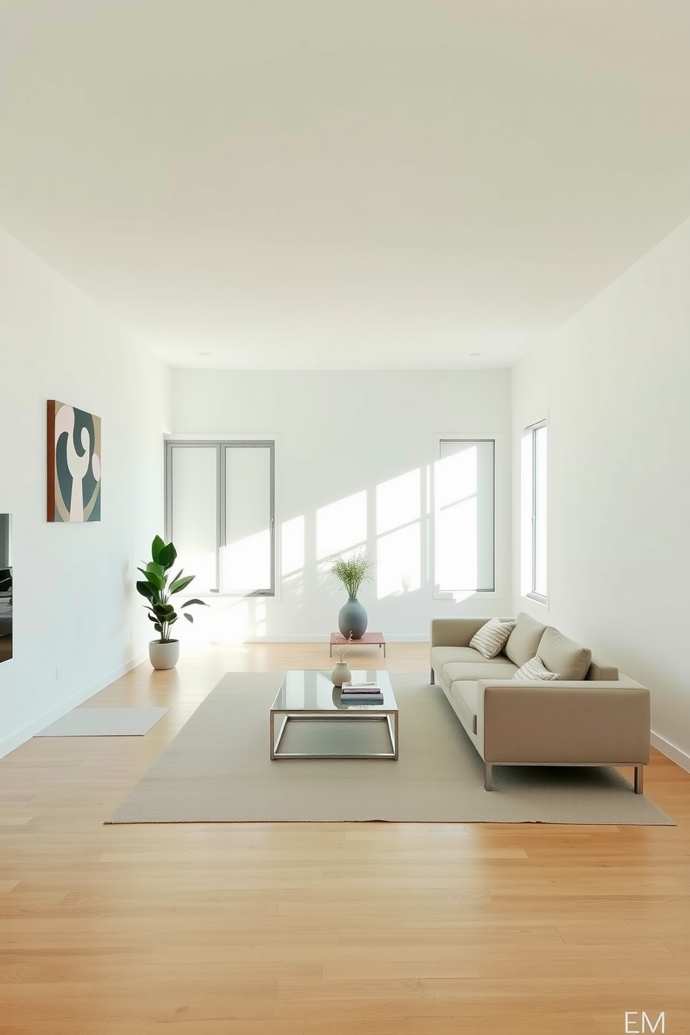 A minimalist living room featuring a spacious layout with large windows that allow natural light to flood in. The furniture includes a sleek, low-profile sofa in a neutral color, paired with a simple coffee table made of glass and metal. The walls are painted in a soft white hue, enhancing the airy atmosphere of the space. Decorative elements are kept to a minimum, with a single piece of abstract art on one wall and a small potted plant in the corner for a touch of greenery.