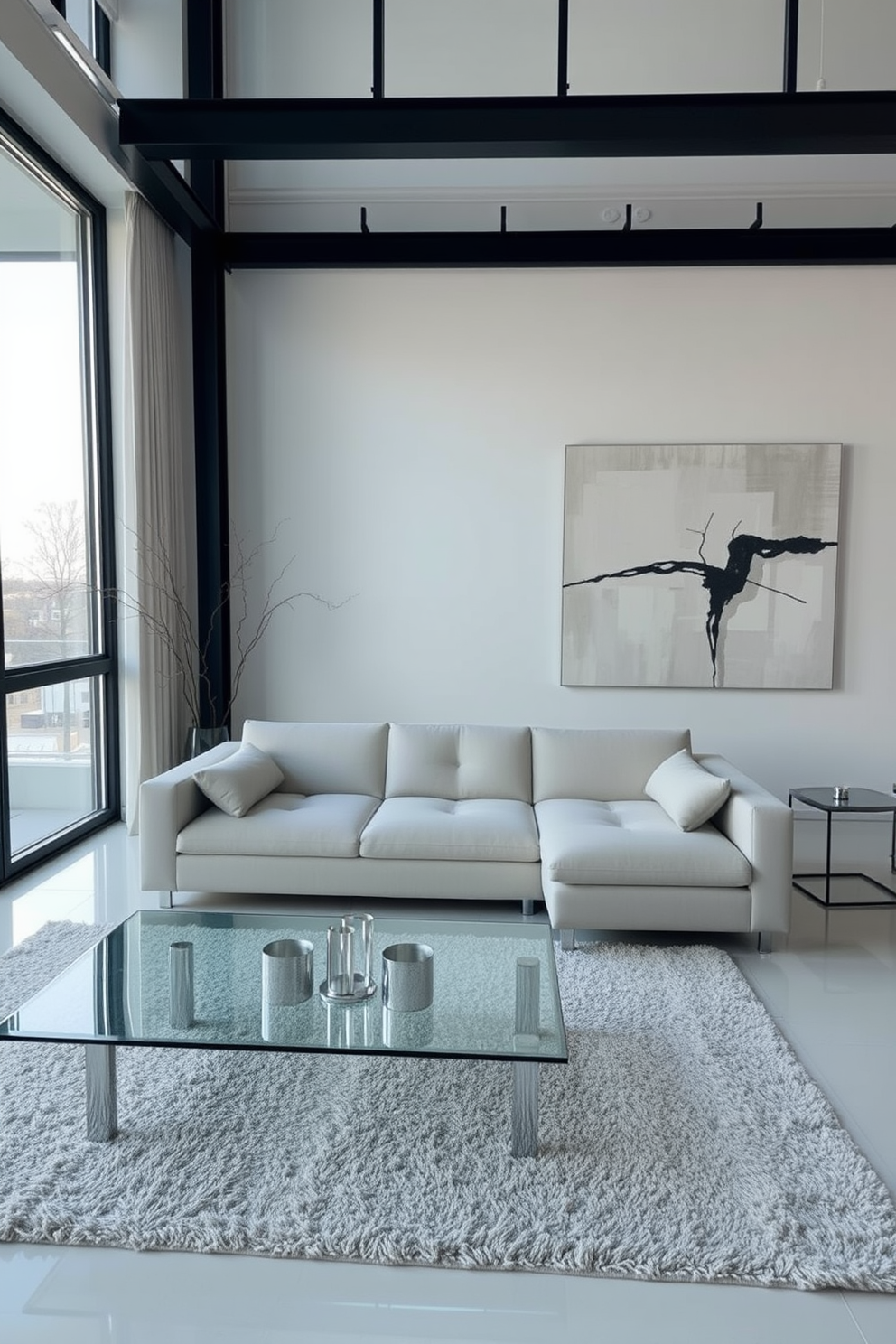 A minimalist living room featuring a sleek low-profile sofa in a neutral color. The space includes a glass coffee table with subtle metallic accents and a large abstract artwork on the wall. The floor is adorned with a soft area rug that complements the color scheme. Large windows allow natural light to flood the room, highlighting the clean lines and open layout.